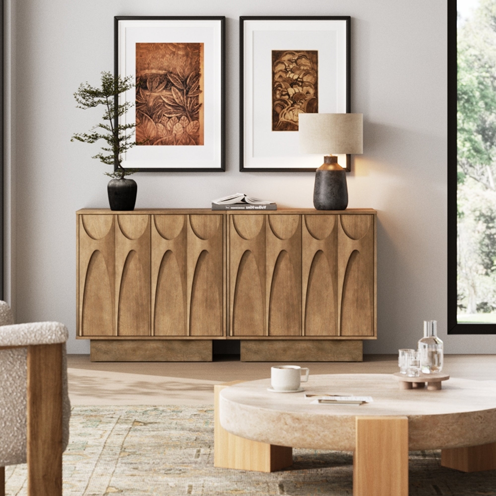 Mid Century Credenza with Antique Carved Doors Light Brown (Set of 2)