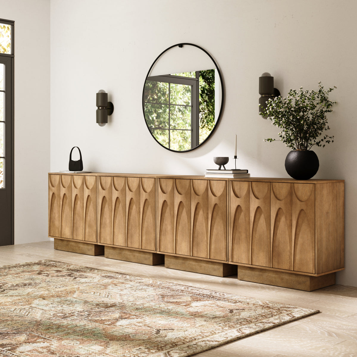 long credenza dresser Long Walnut Mid-Century Modern 9 Drawers Credenza Dresser Double Door Cabinet