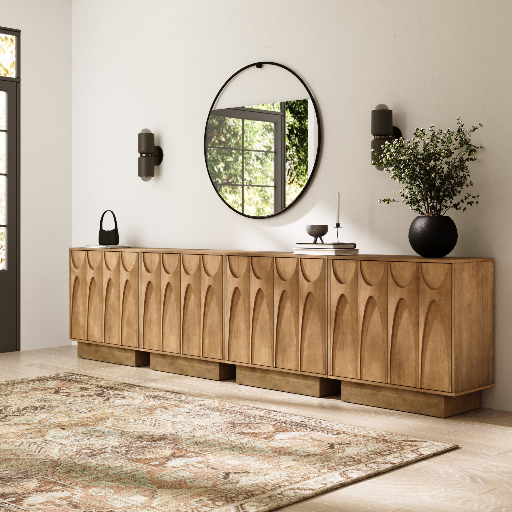 Wooden TV Console with Antique Carved Doors for TVs 85" Light Brown - Nathan James