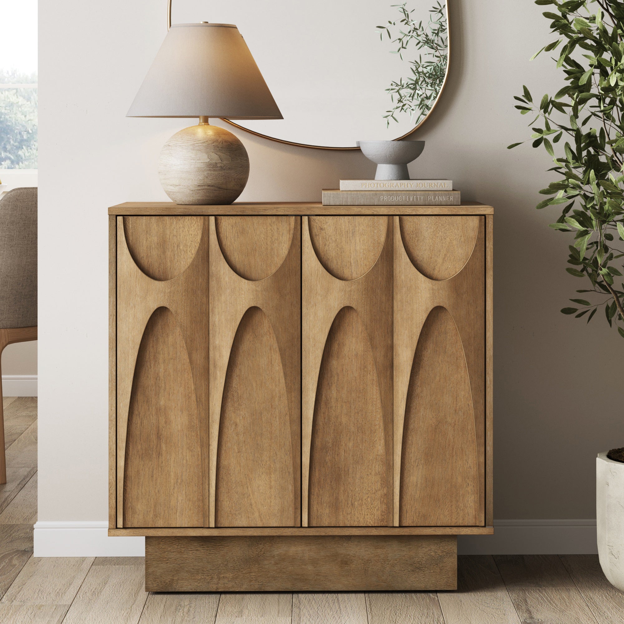 Mid Century Credenza with Antique Carved Doors Light Brown