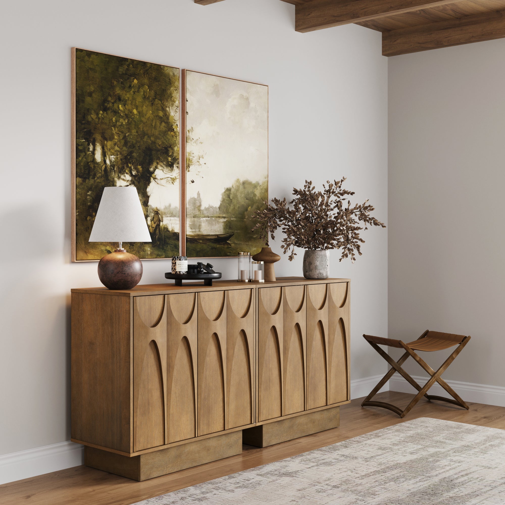 Mid Century Credenza with Antique Carved Doors Light Brown