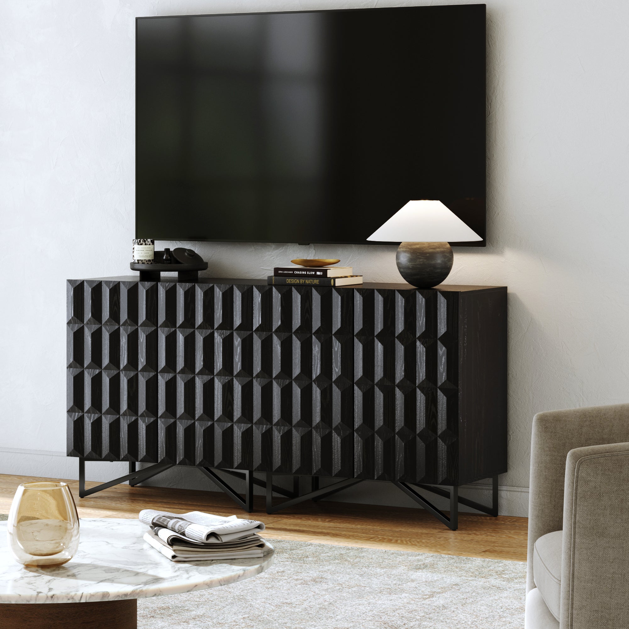 Modern TV Console with Textured Front for 55 - 65" TVs Black Oak - Nathan James