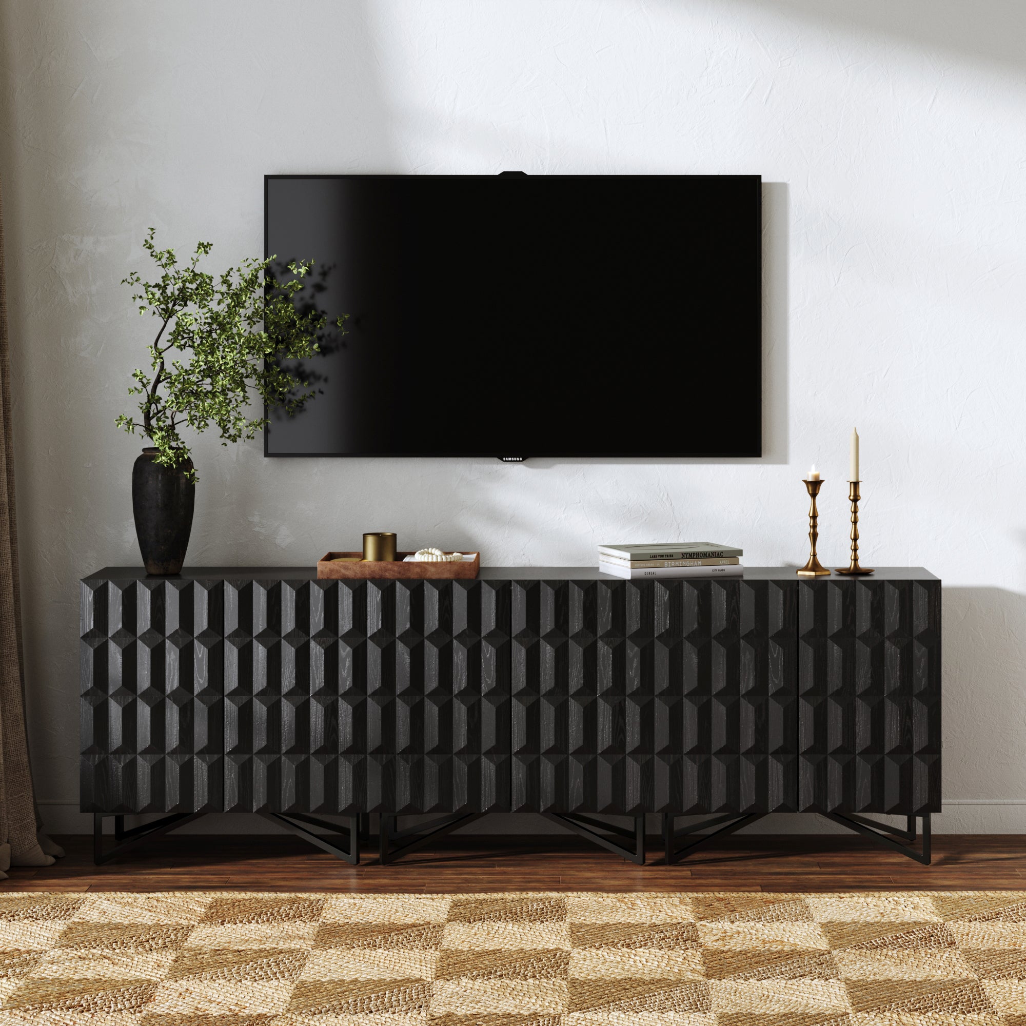 Wolfie TV Console Black Oak Textured Front for 75