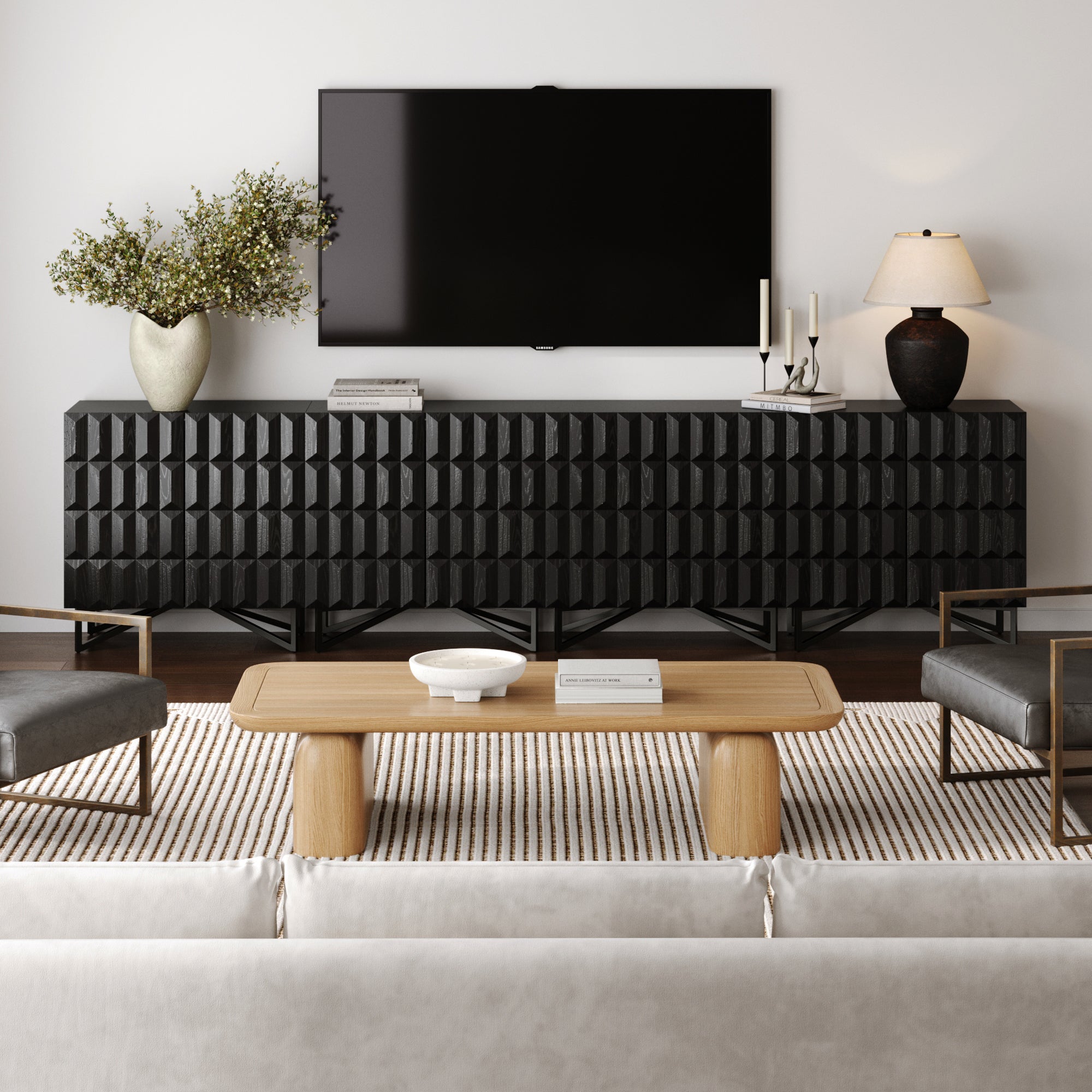 Modern TV Console with Textured Front for 85" TVs Black Oak - Nathan James