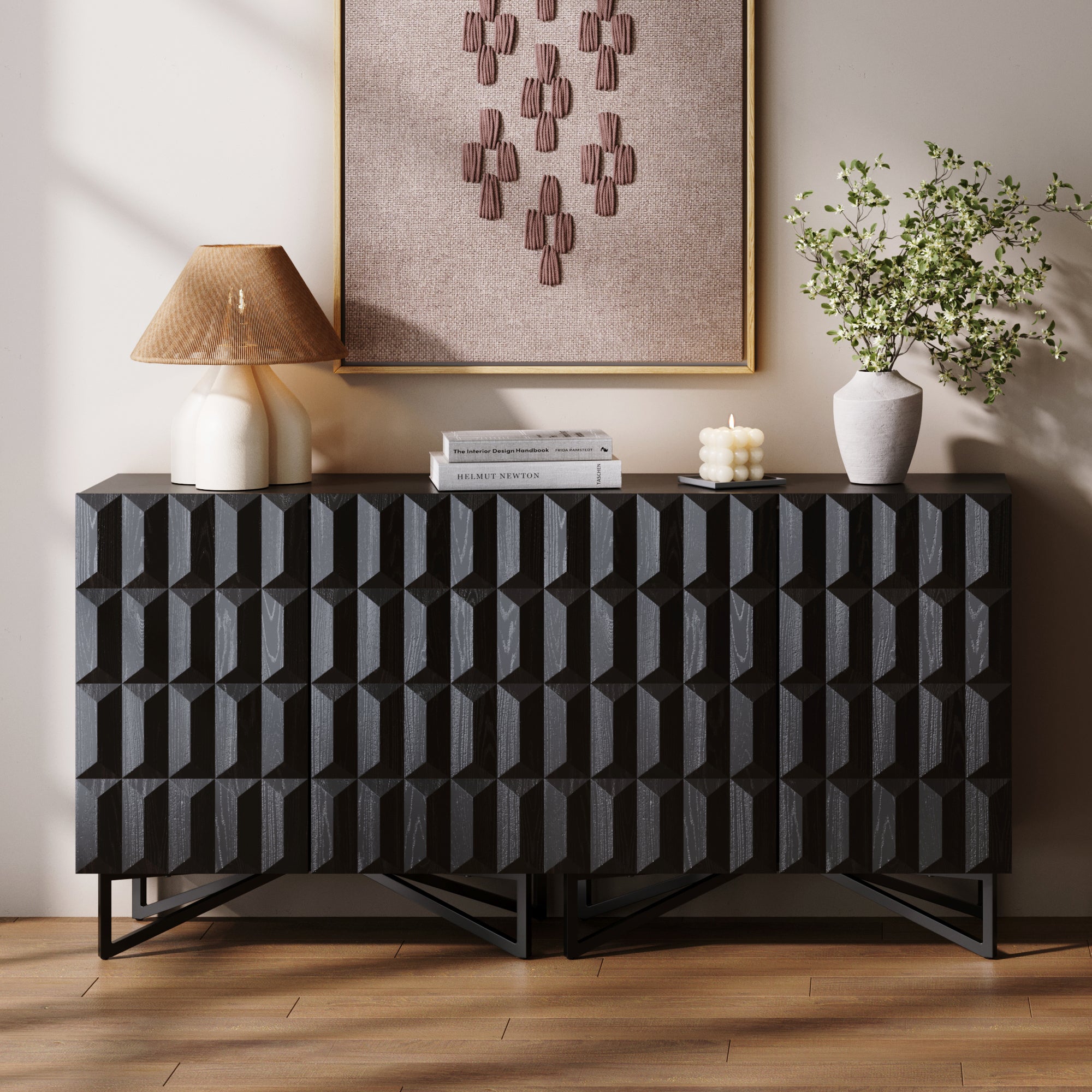 Contemporary Credenza Storage with Textured Front Black Oak