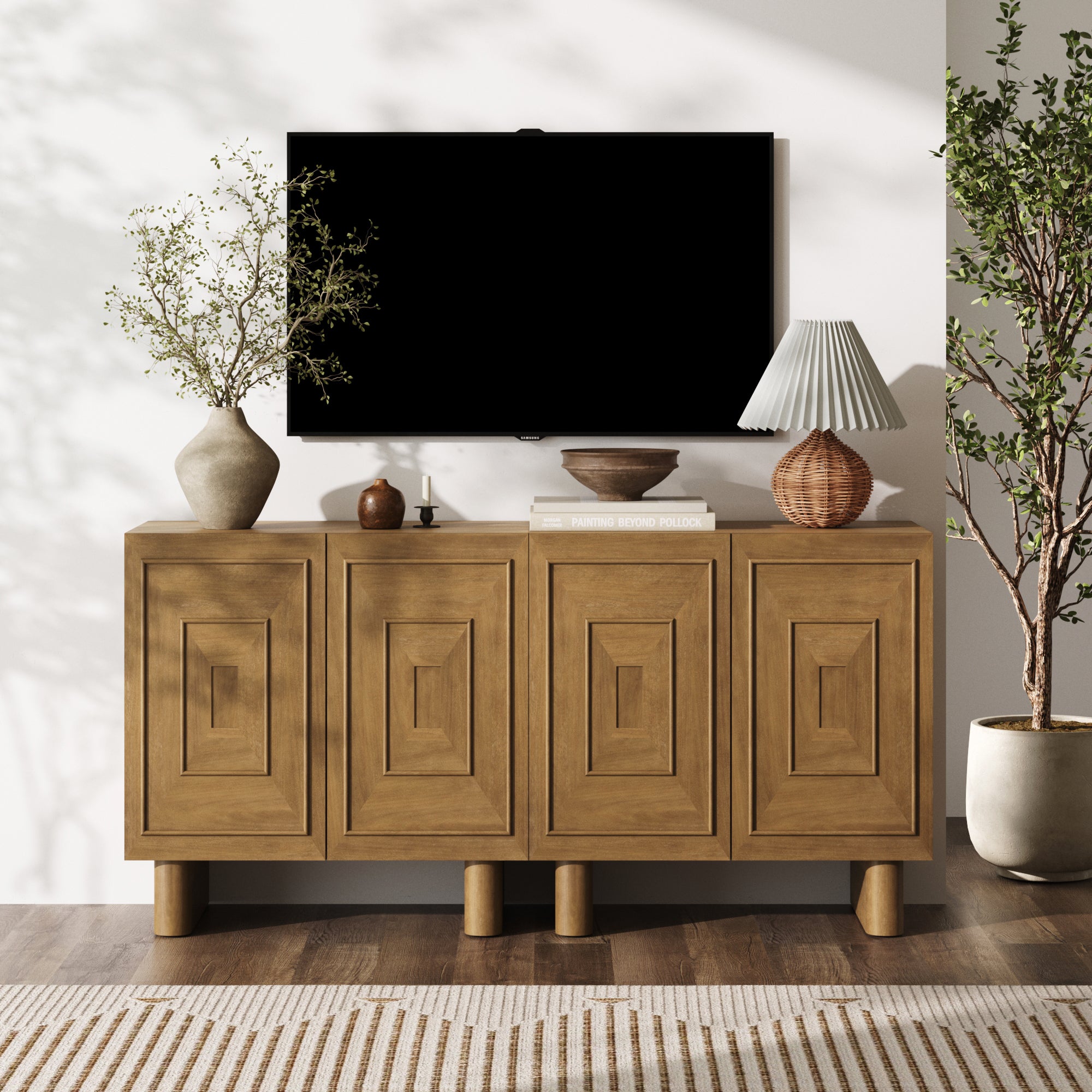 Mid Century Bar Cabinet Credenza with Sculpted Doors Light Brown (Set of 2) - Nathan James