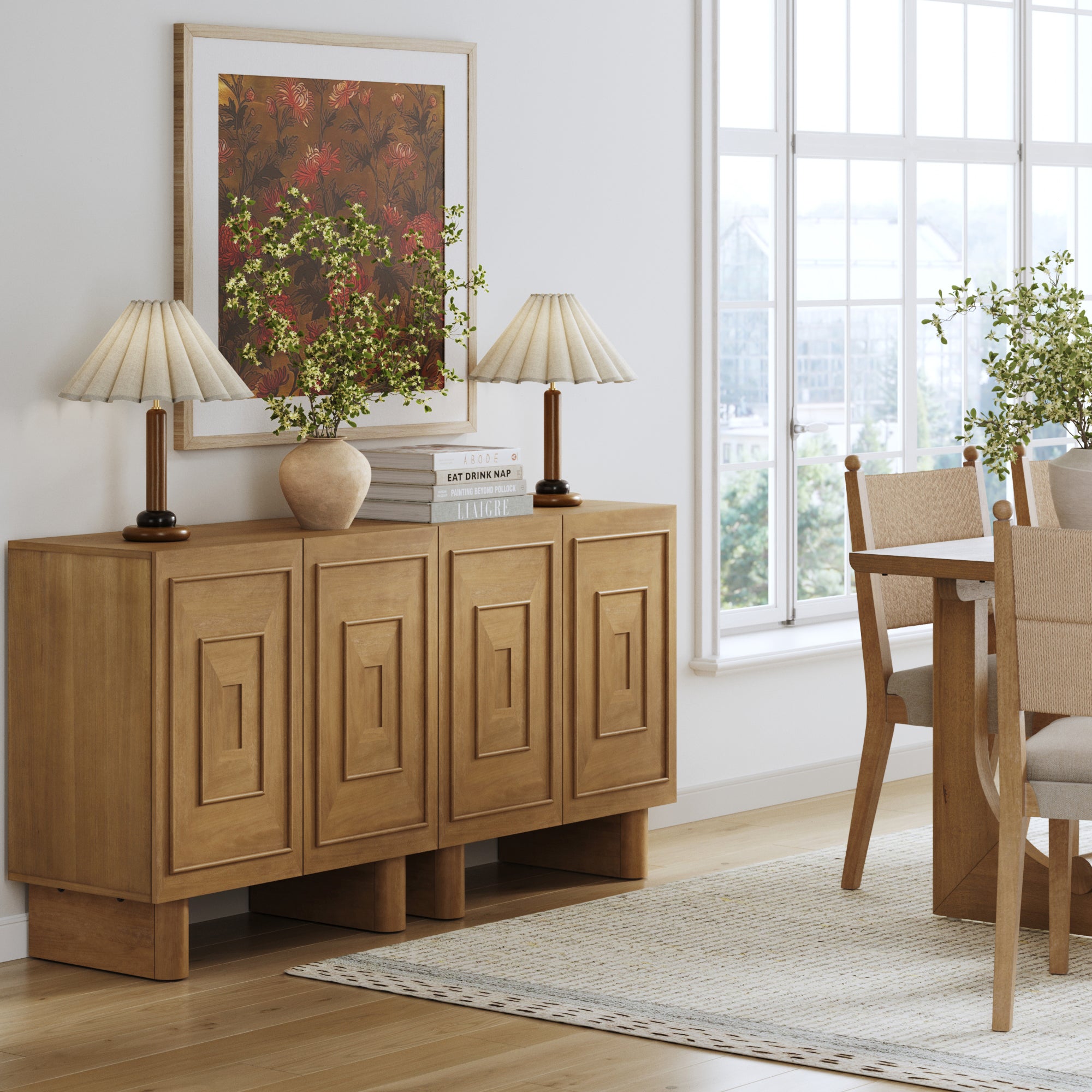 Mid Century Bar Cabinet Credenza with Sculpted Doors Light Brown (Set of 2) - Nathan James