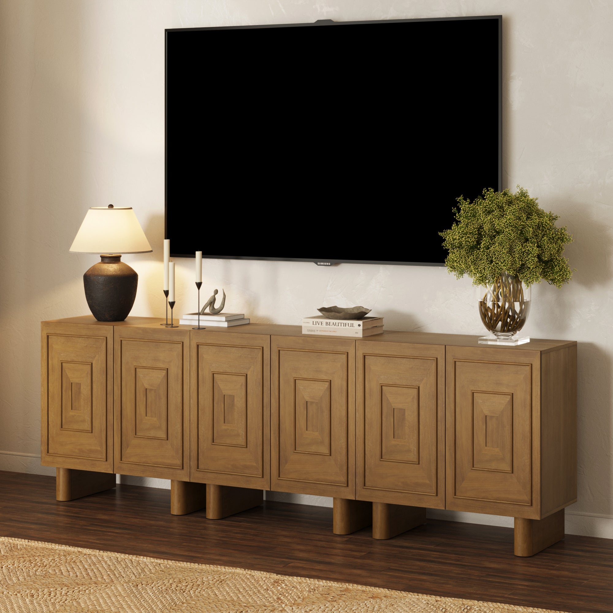 Mid Century Bar Cabinet Credenza with Sculpted Doors Light Brown (Set of 3) - Nathan James