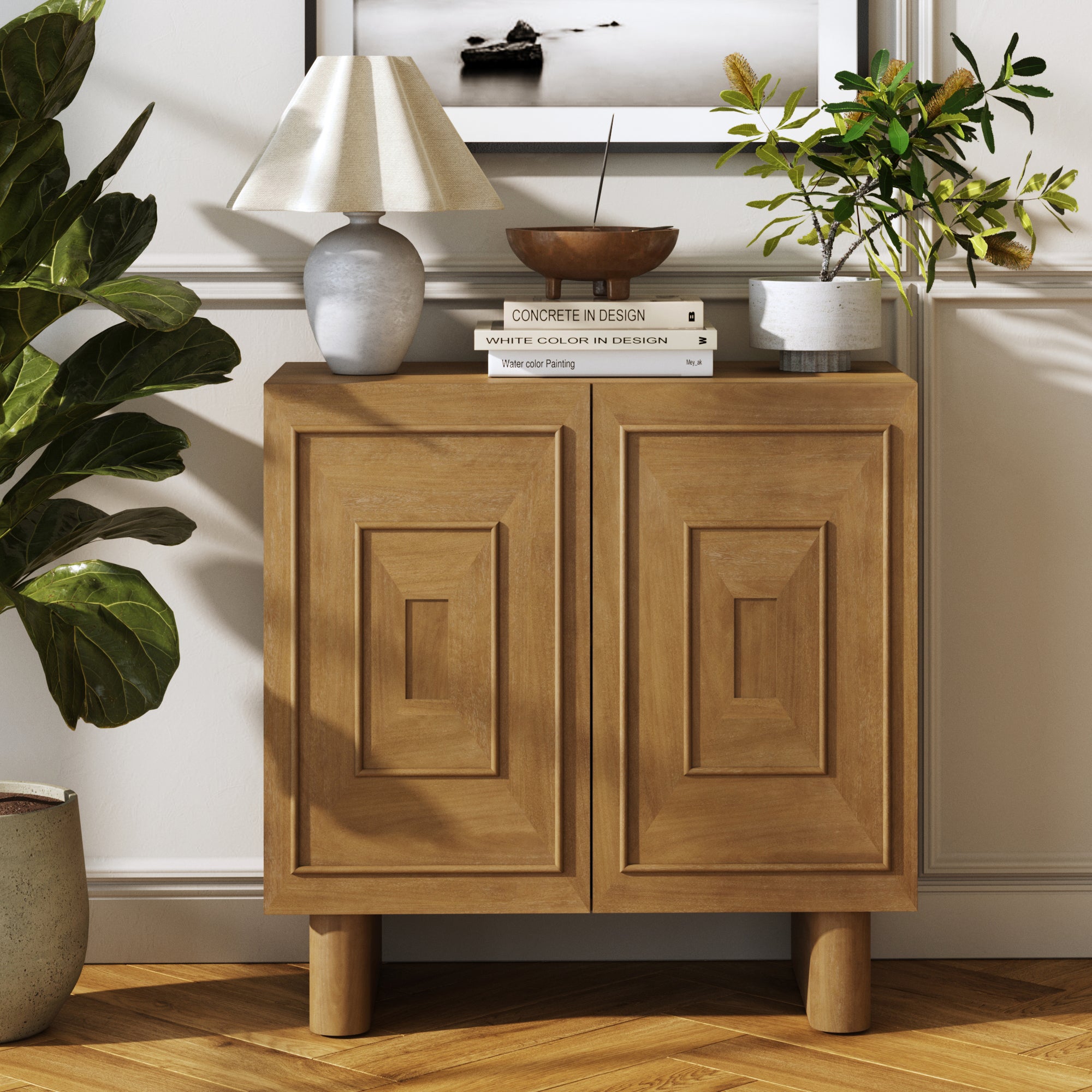 Mid Century Bar Cabinet Credenza with Sculpted Doors Light Brown