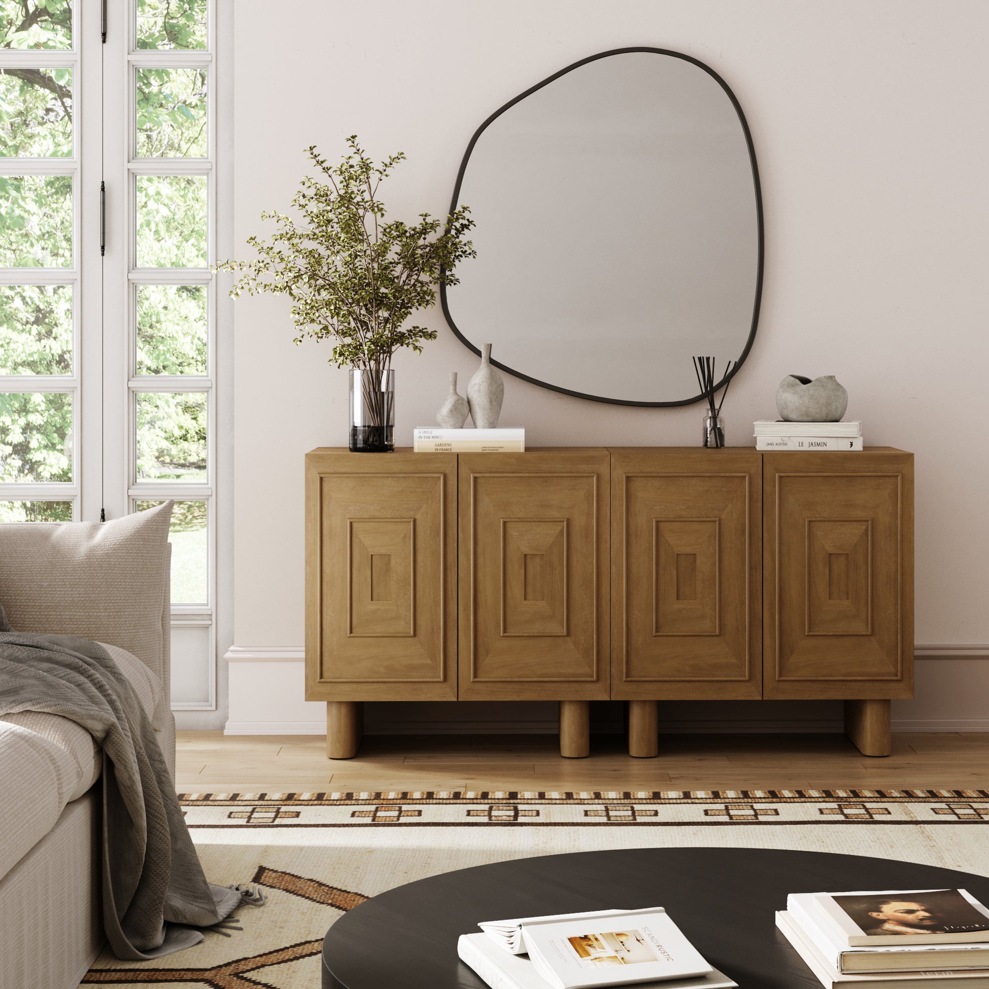 Mid Century Bar Cabinet Credenza with Sculpted Doors Light Brown