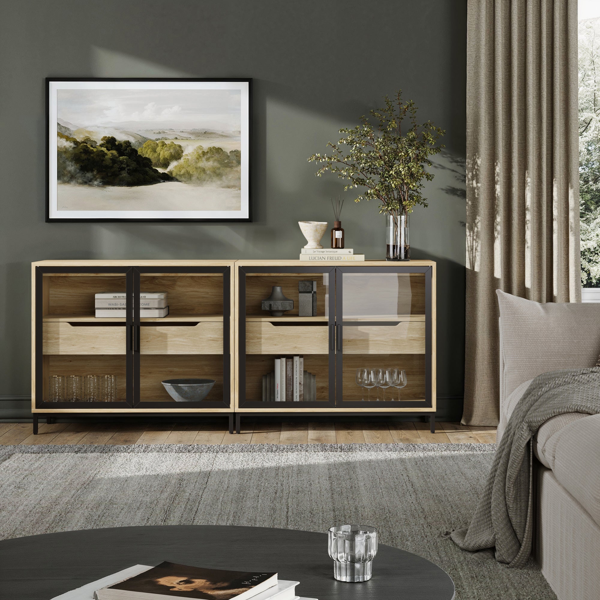 Glass Cabinet or TV Stand with Drawer Light Oak (Set of 2)