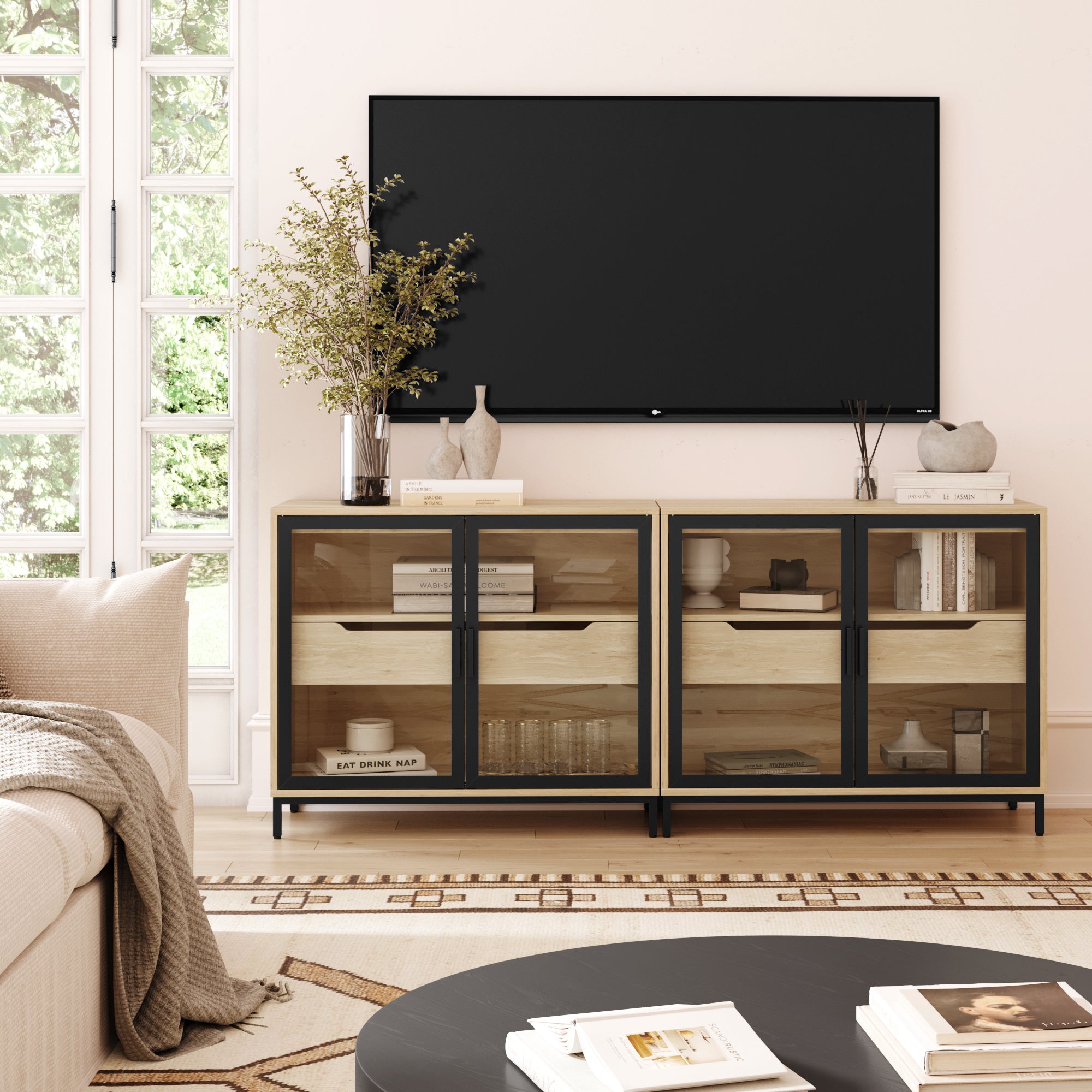 Glass TV Stand Console Cabinet with Doors for 55-65" TVs