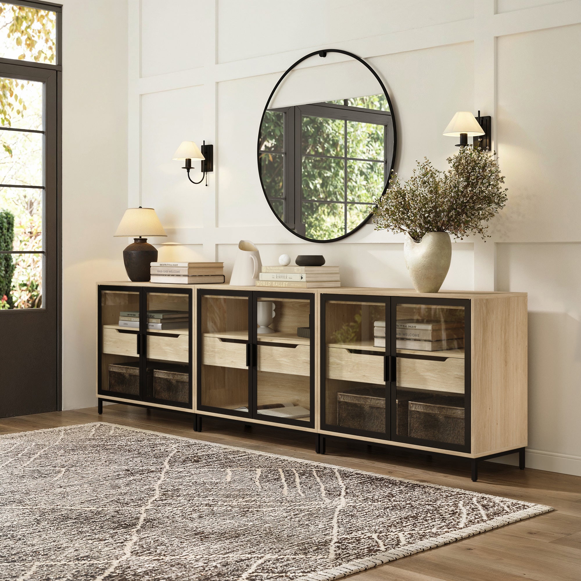 Glass Cabinet or TV Stand with Drawer Light Oak (Set of 3) - Thumbnail 4