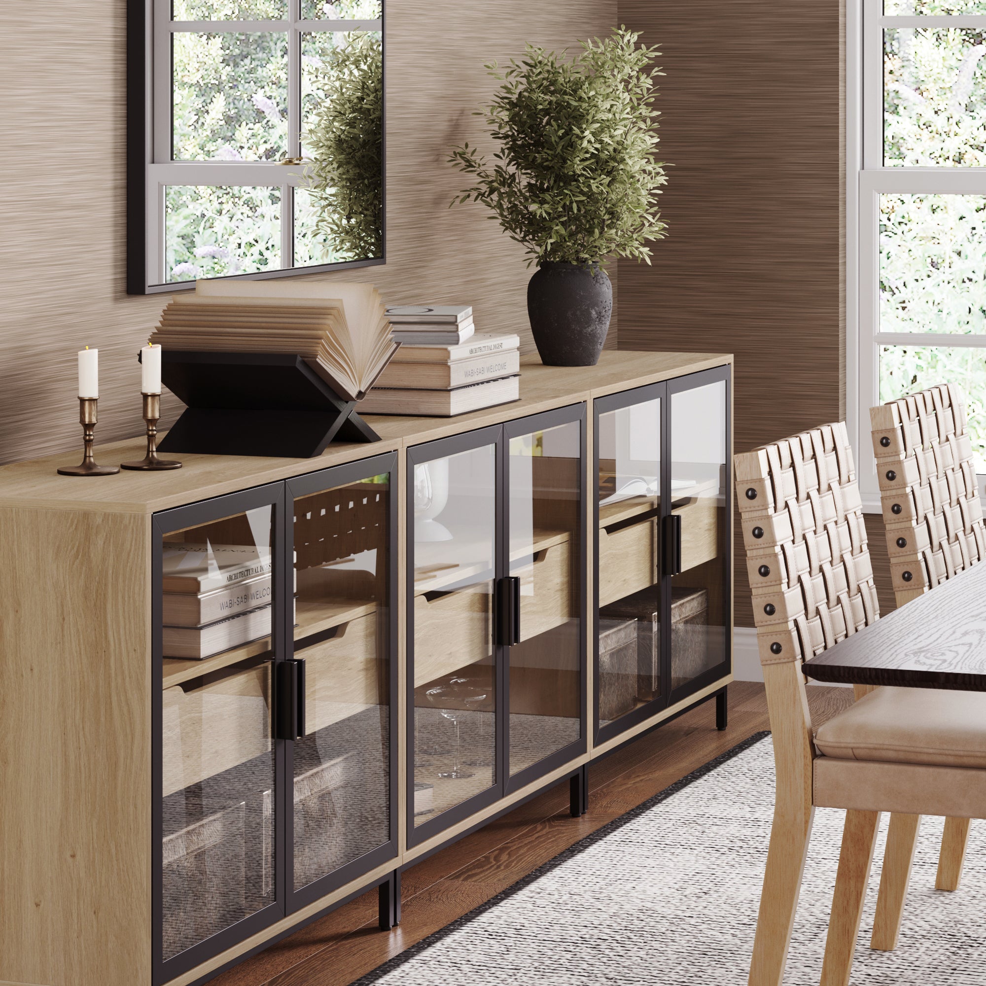 Glass Cabinet or TV Stand with Drawer Light Oak (Set of 3)