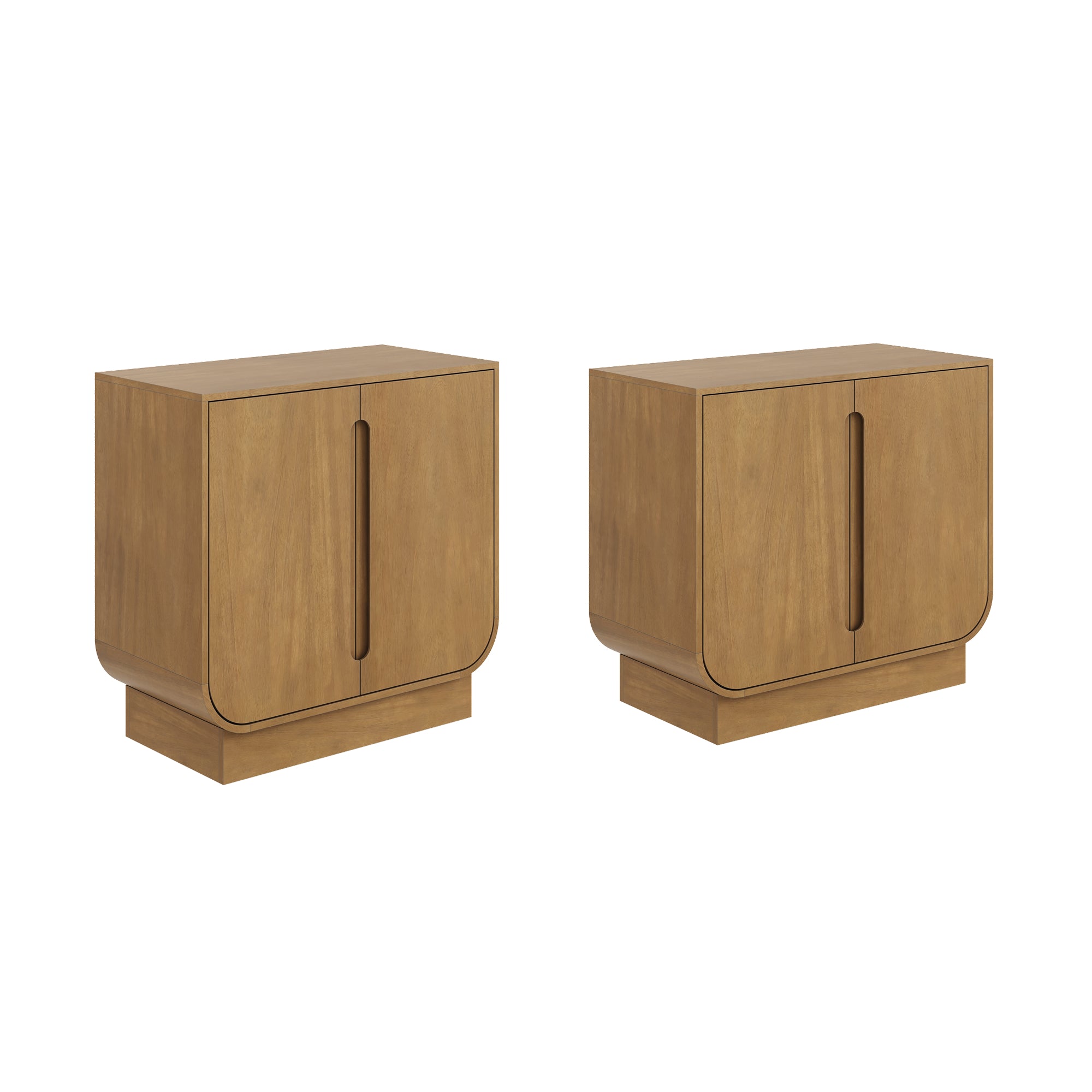 Two wooden cabinets with a rectangular shape, flat tops, and rounded bottom corners. Each cabinet has two doors with vertical cut-out handles and a solid rectangular base.