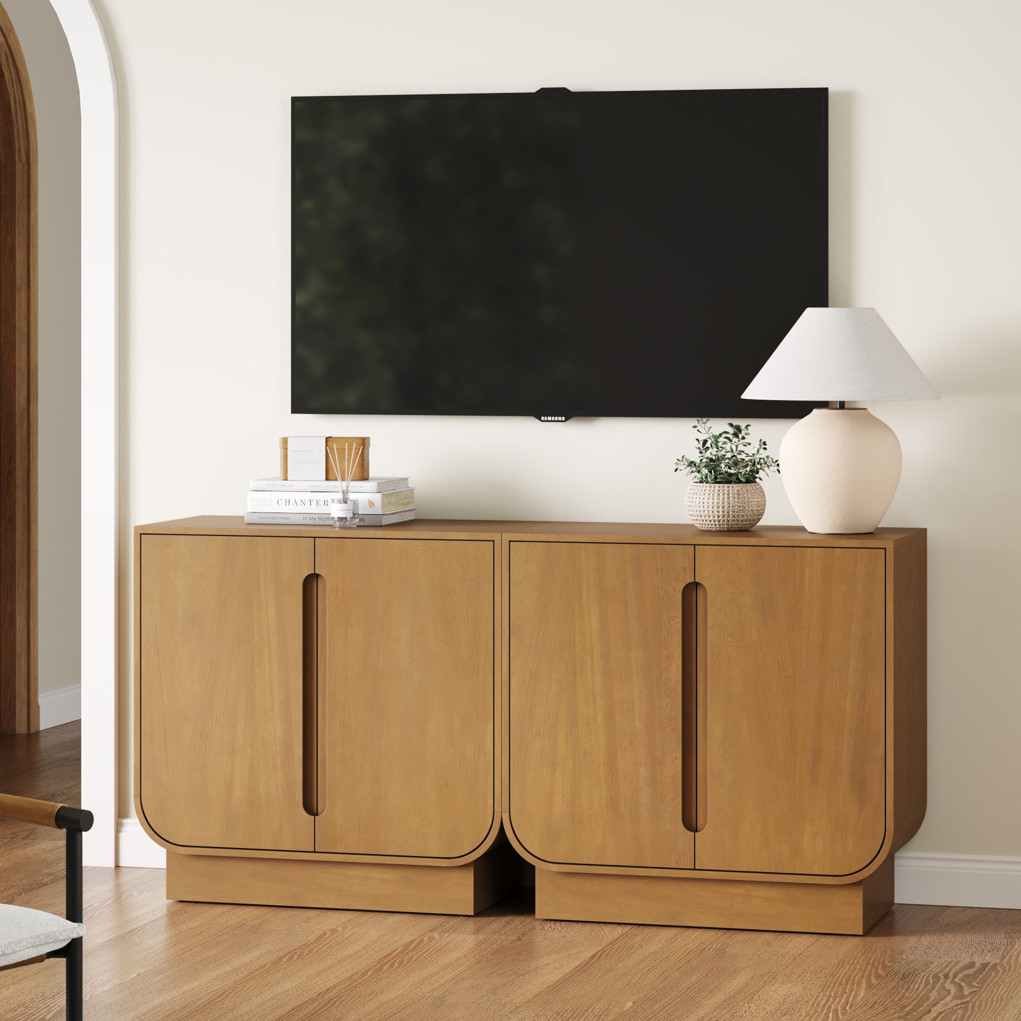Wooden Arched TV Console Stand Light Brown for TVs 55 - 65" - Nathan James