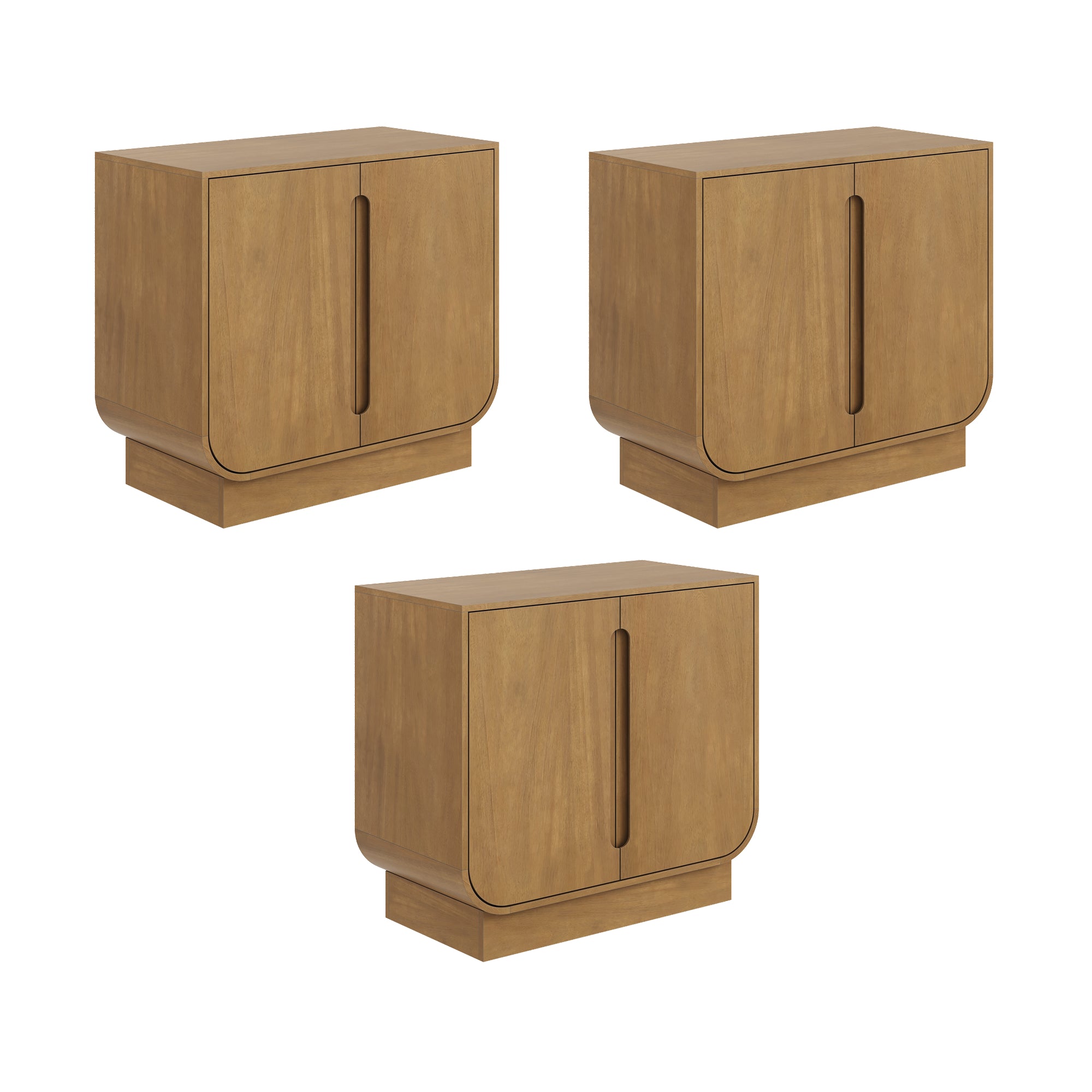 Three identical light brown wooden cabinets with rounded front edges, vertical cutout handles, and a solid rectangular base, displayed on a plain white background.