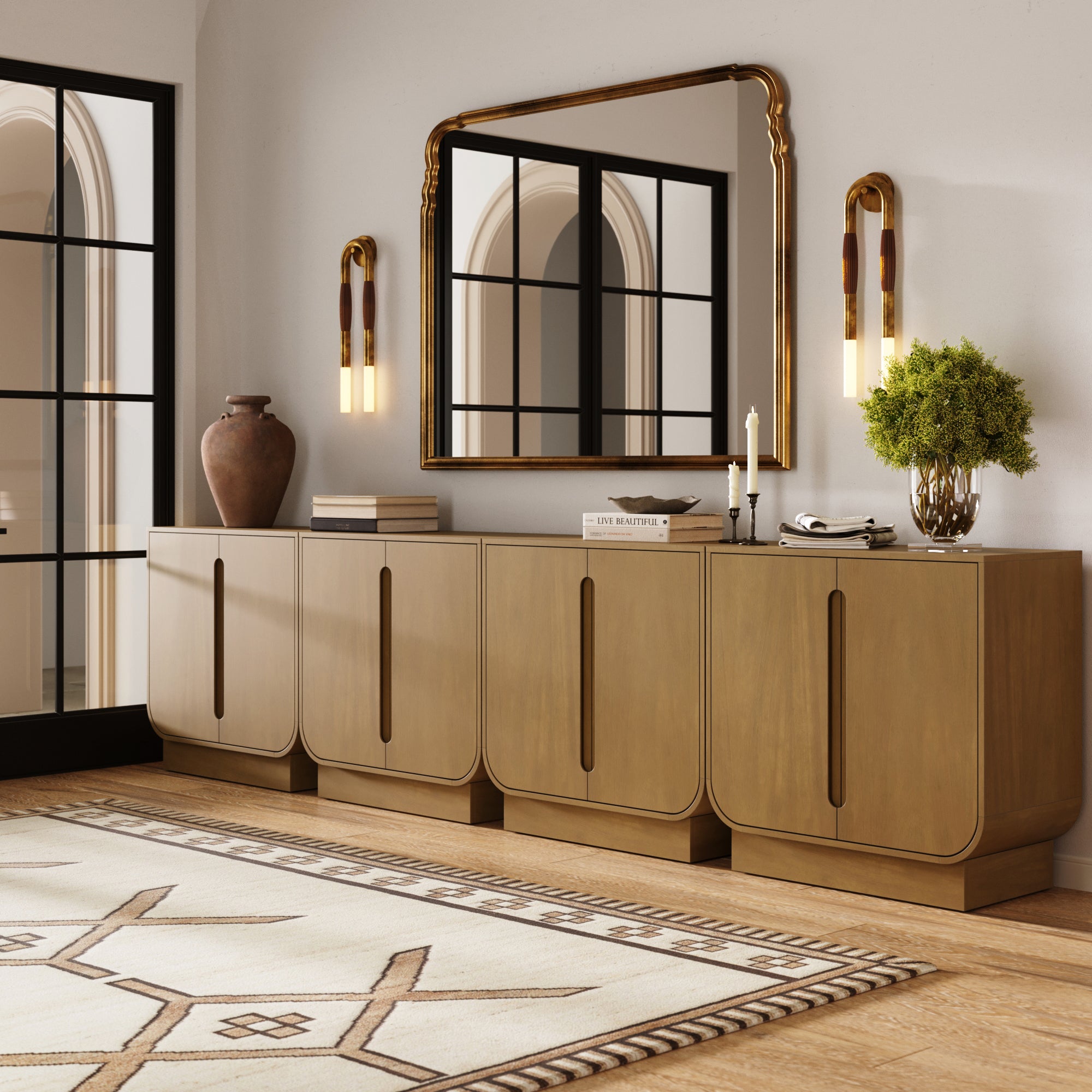 Wooden Arched Large Credenza Cabinet Light Brown (Set of 4) - Thumbnail 2