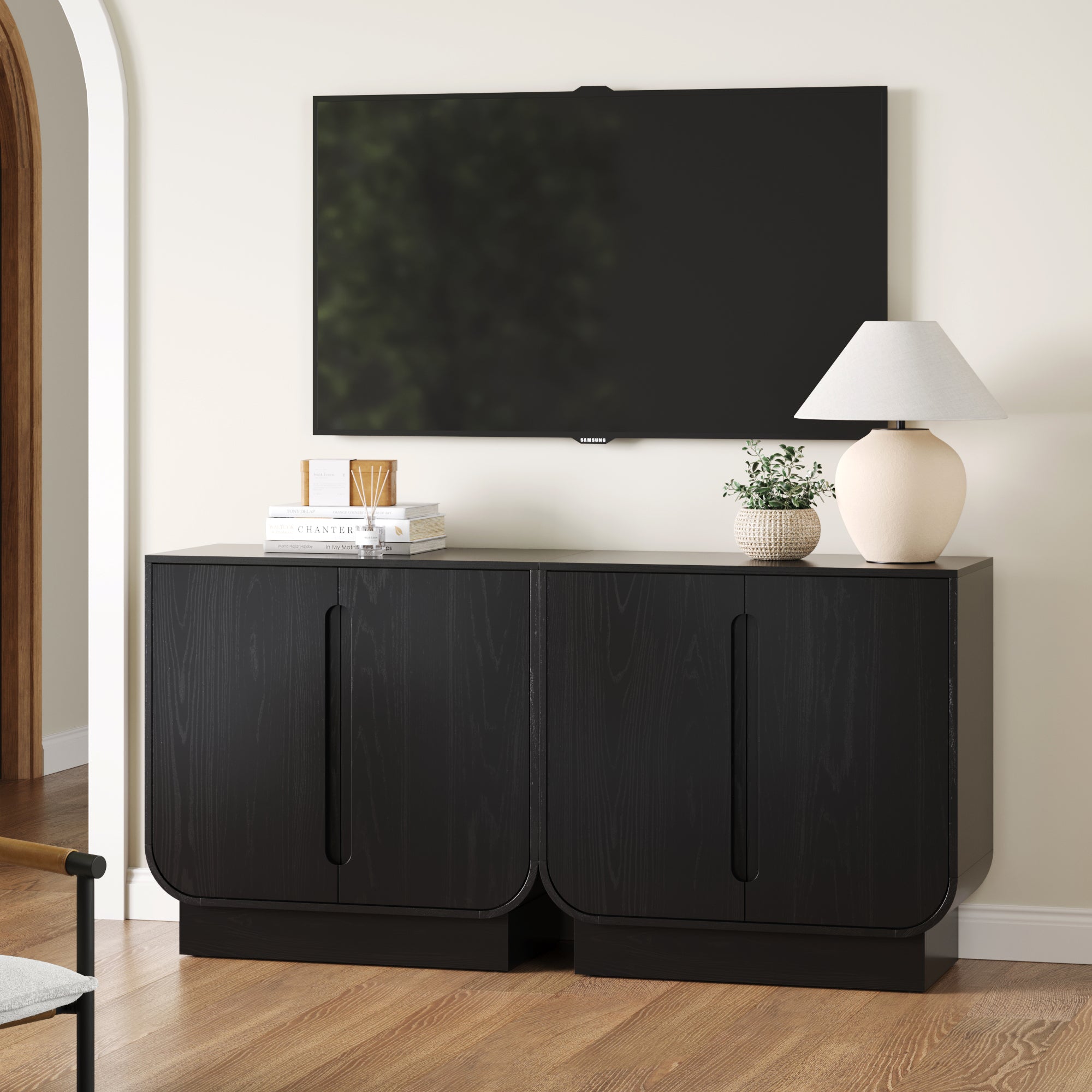 Wooden Arched TV Console Stand Black Oak for TVs 55 - 65" - Nathan James