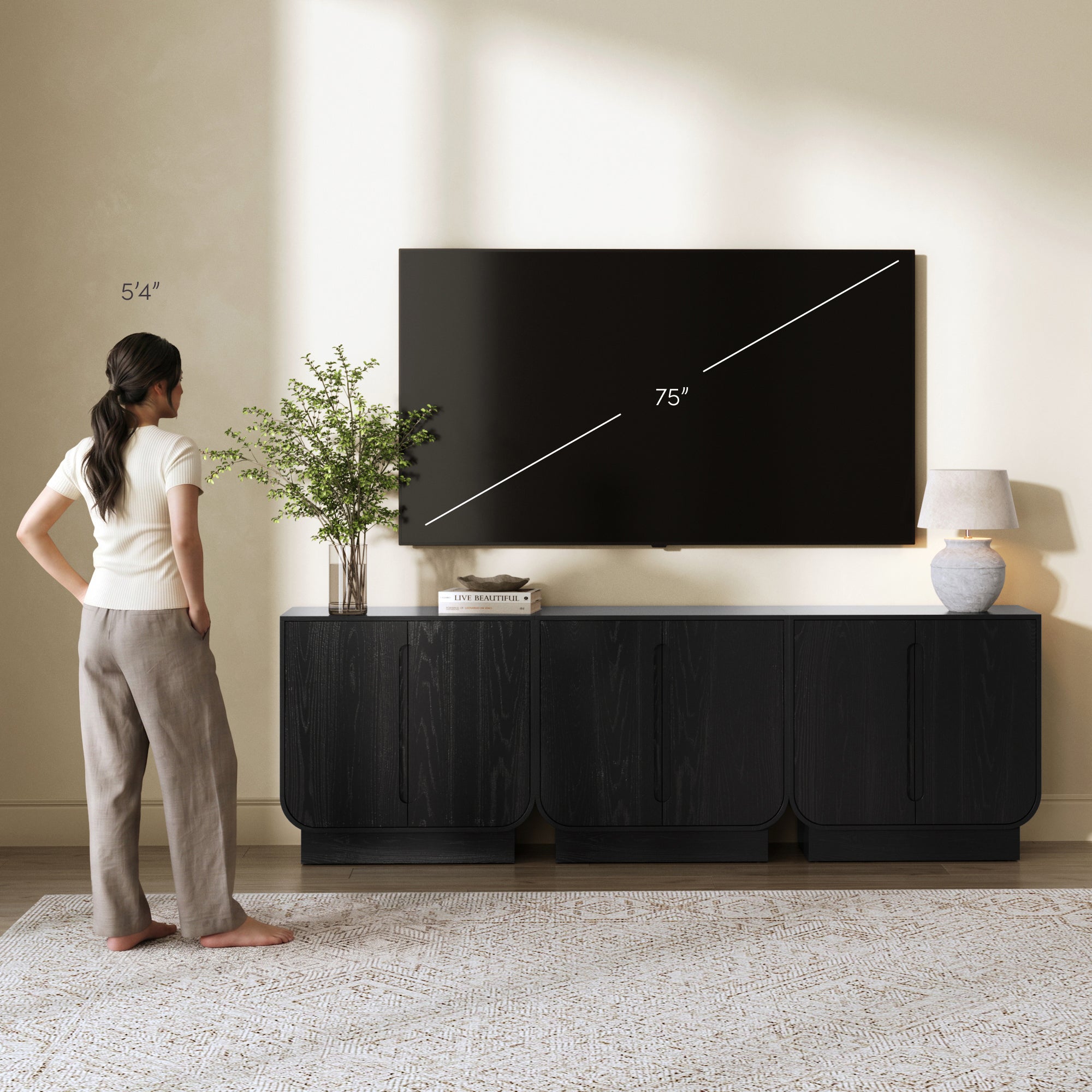 Wooden Arched TV Console Stand Black Oak for TVs up to 75" - Nathan James