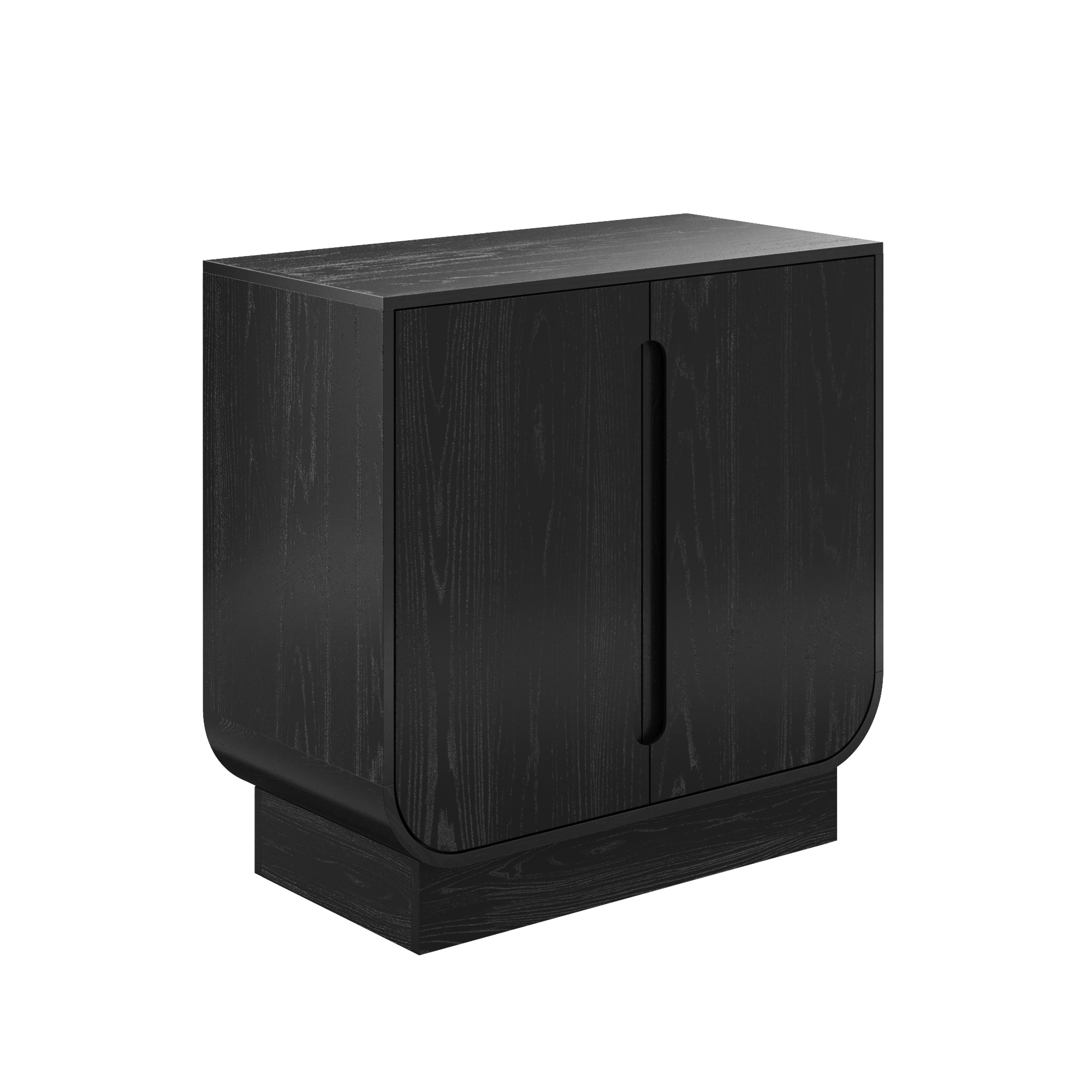 A modern black wooden cabinet with two doors, rounded bottom corners, and a rectangular base, set against a white background.