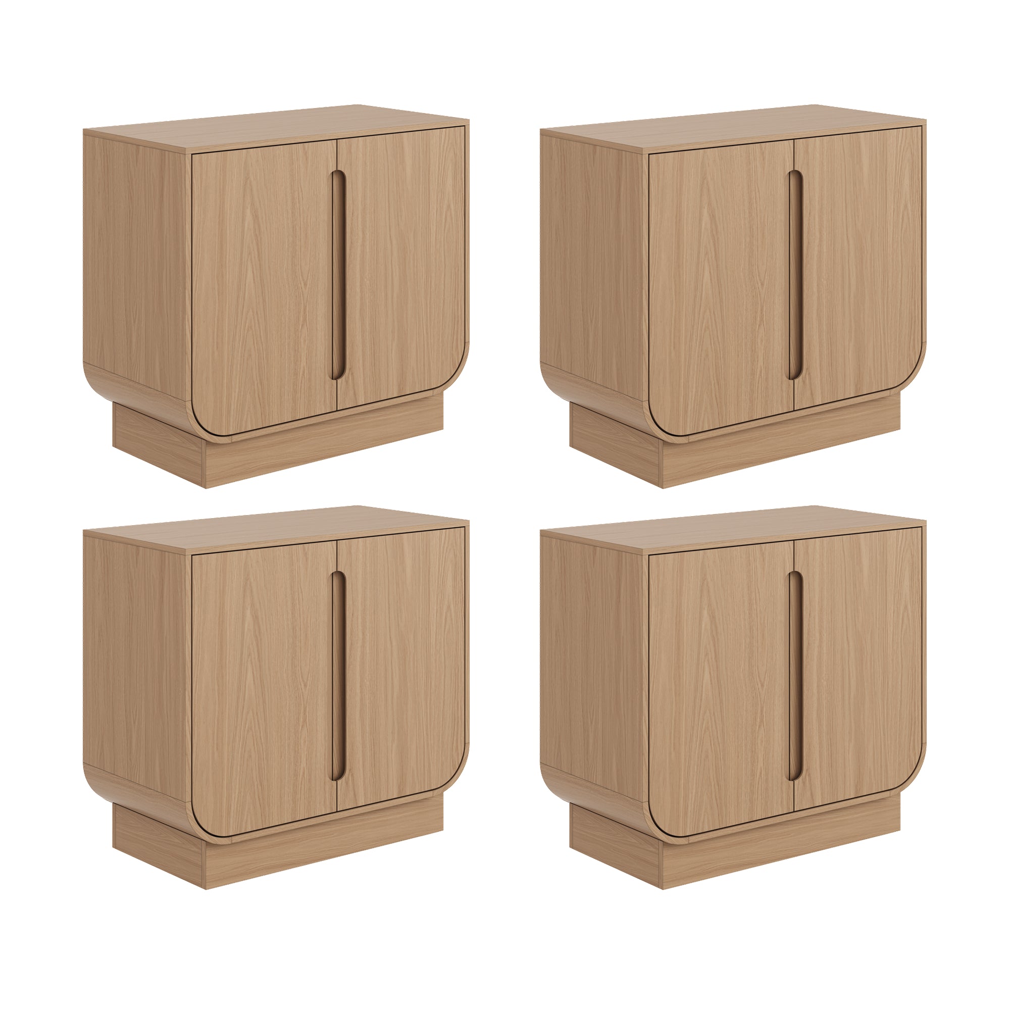 Four identical light wood cabinets with curved bottom edges and vertical handles, each featuring two doors, are arranged in a 2x2 grid on a white background.