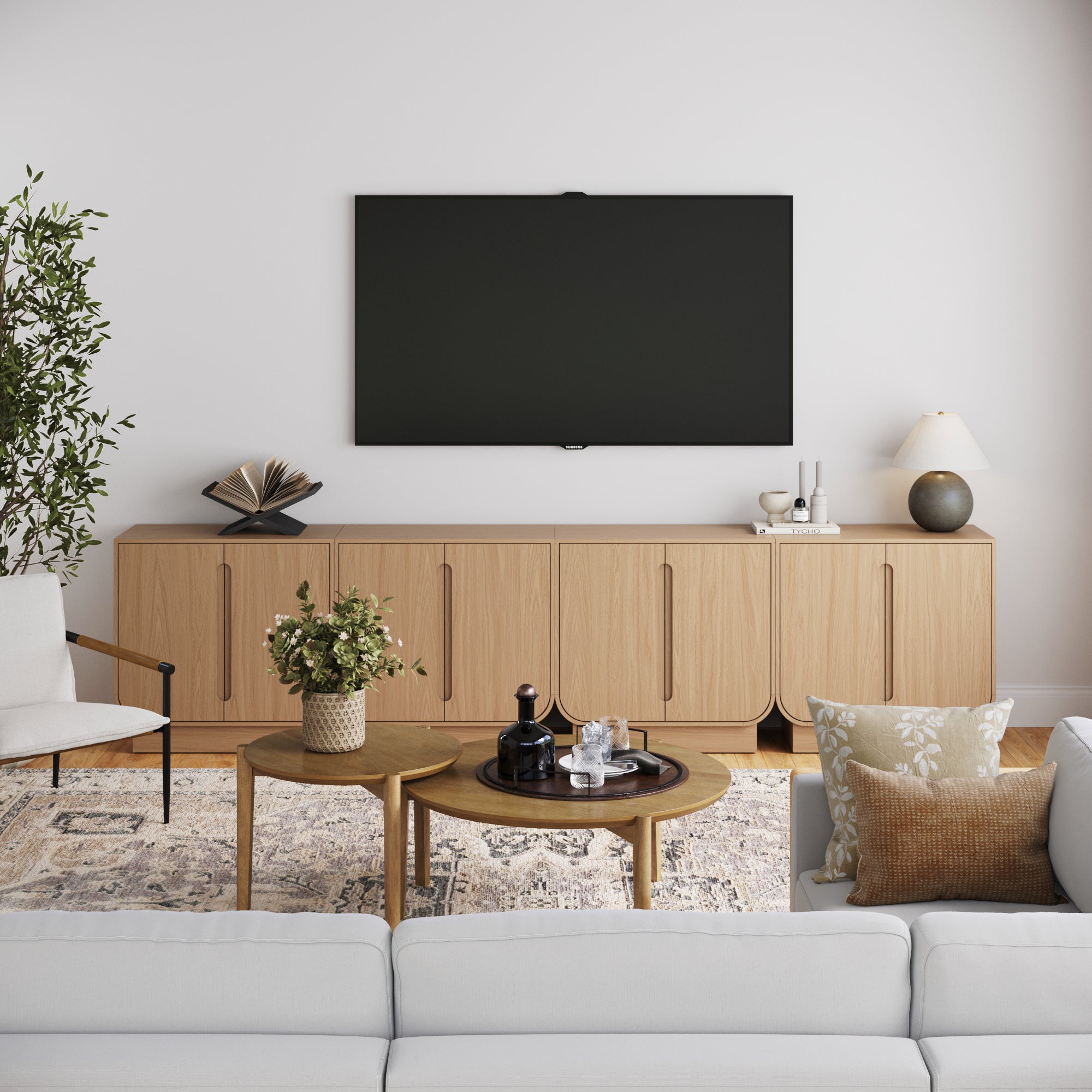 Wooden Arched TV Console Stand Raw Oak for TVs 85" - Nathan James