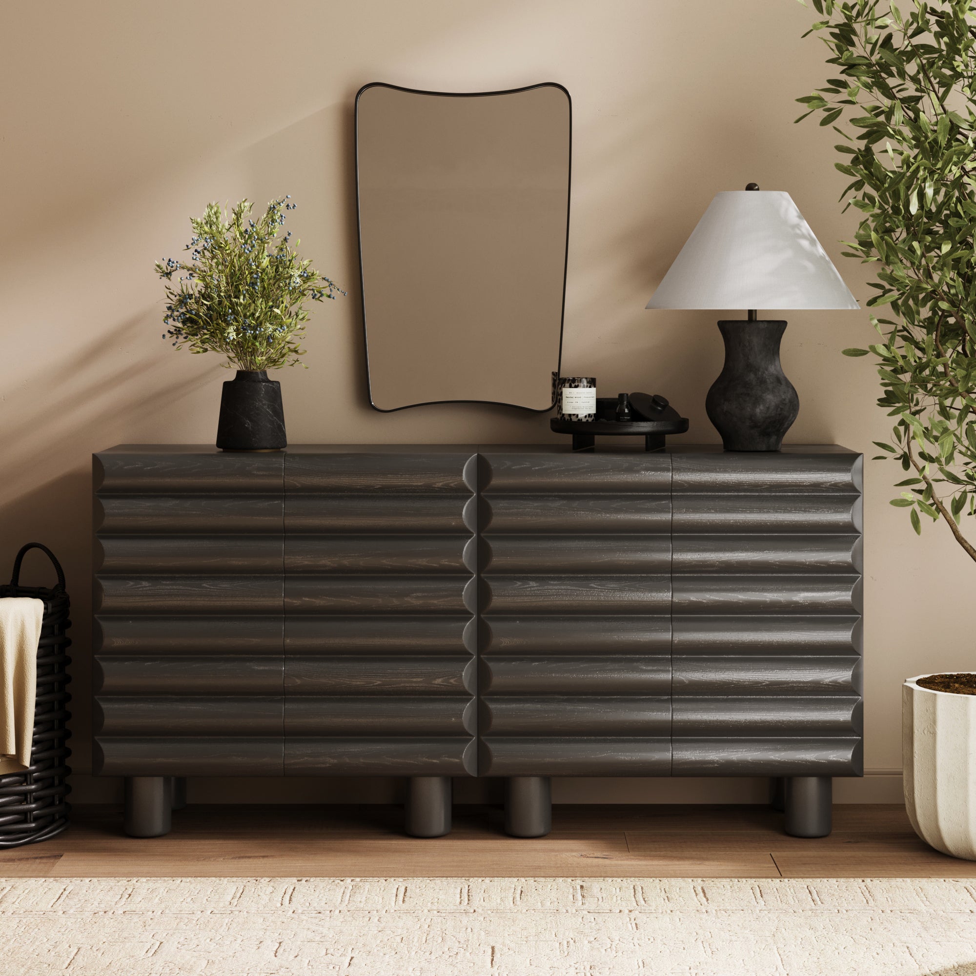 Wooden TV Stand Cabinet with Sculpted Door Black (Set of 2) - Thumbnail 4