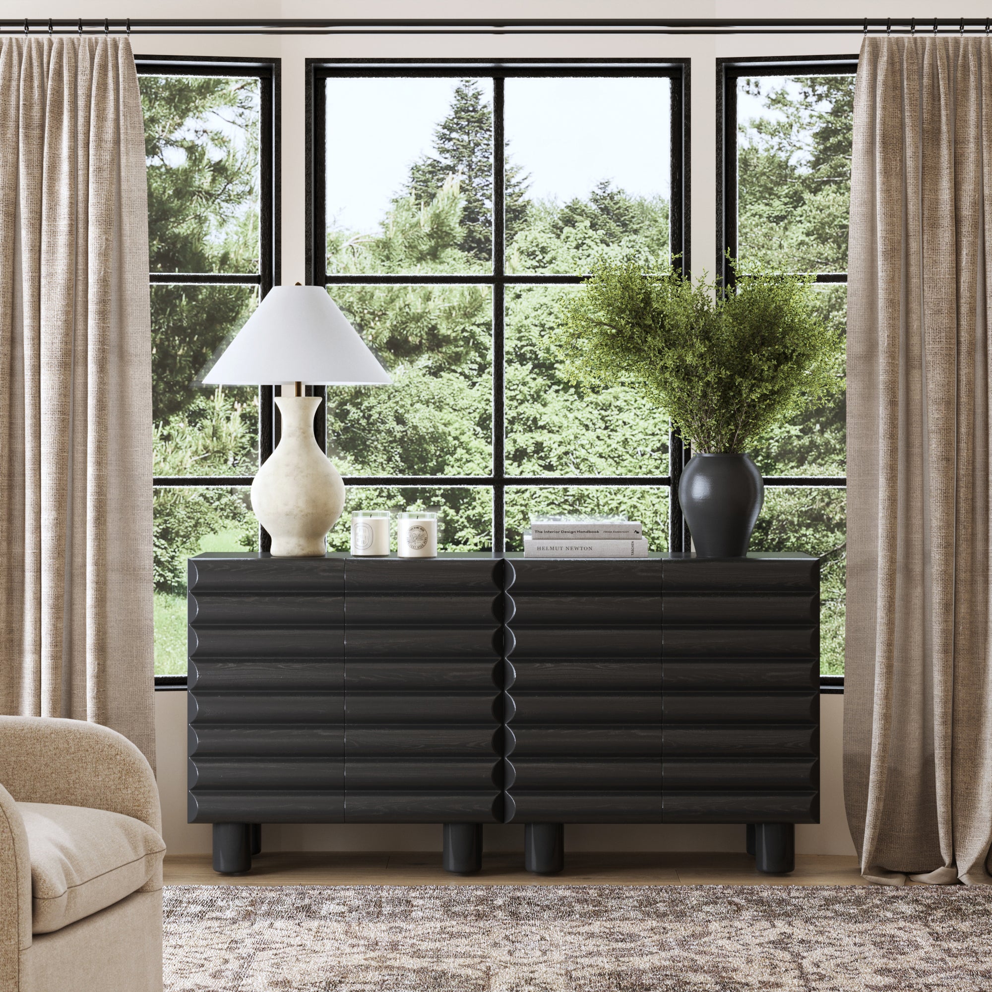 Wooden TV Stand Cabinet with Sculpted Door Black (Set of 2)