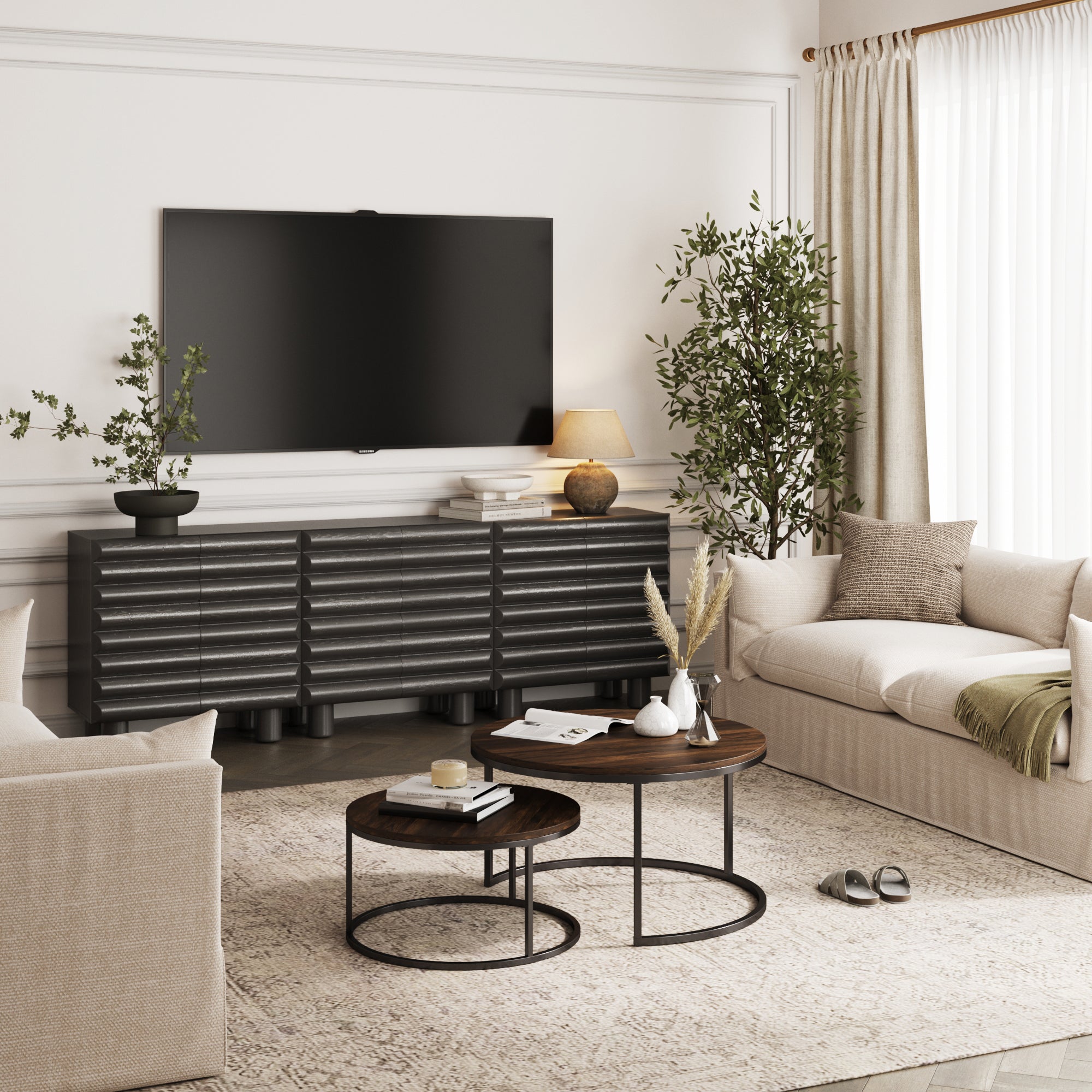 Wooden TV Stand Cabinet with Sculpted Door Black (Set of 2) - Thumbnail 2