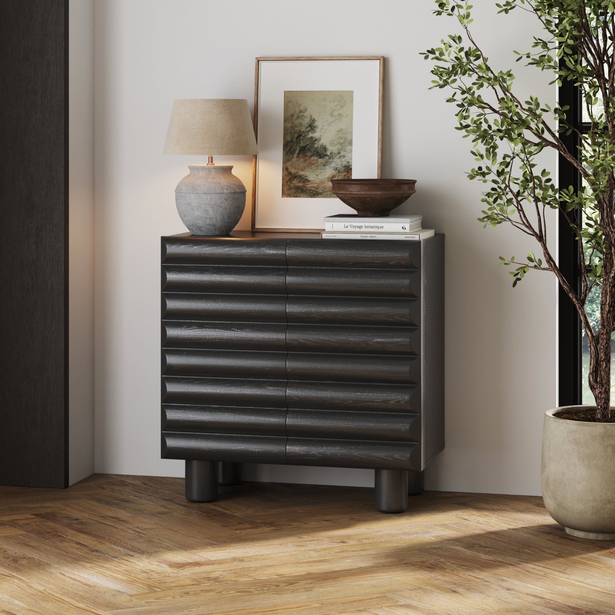 Wood Modern Accent Cabinet with Sculpted Door Black