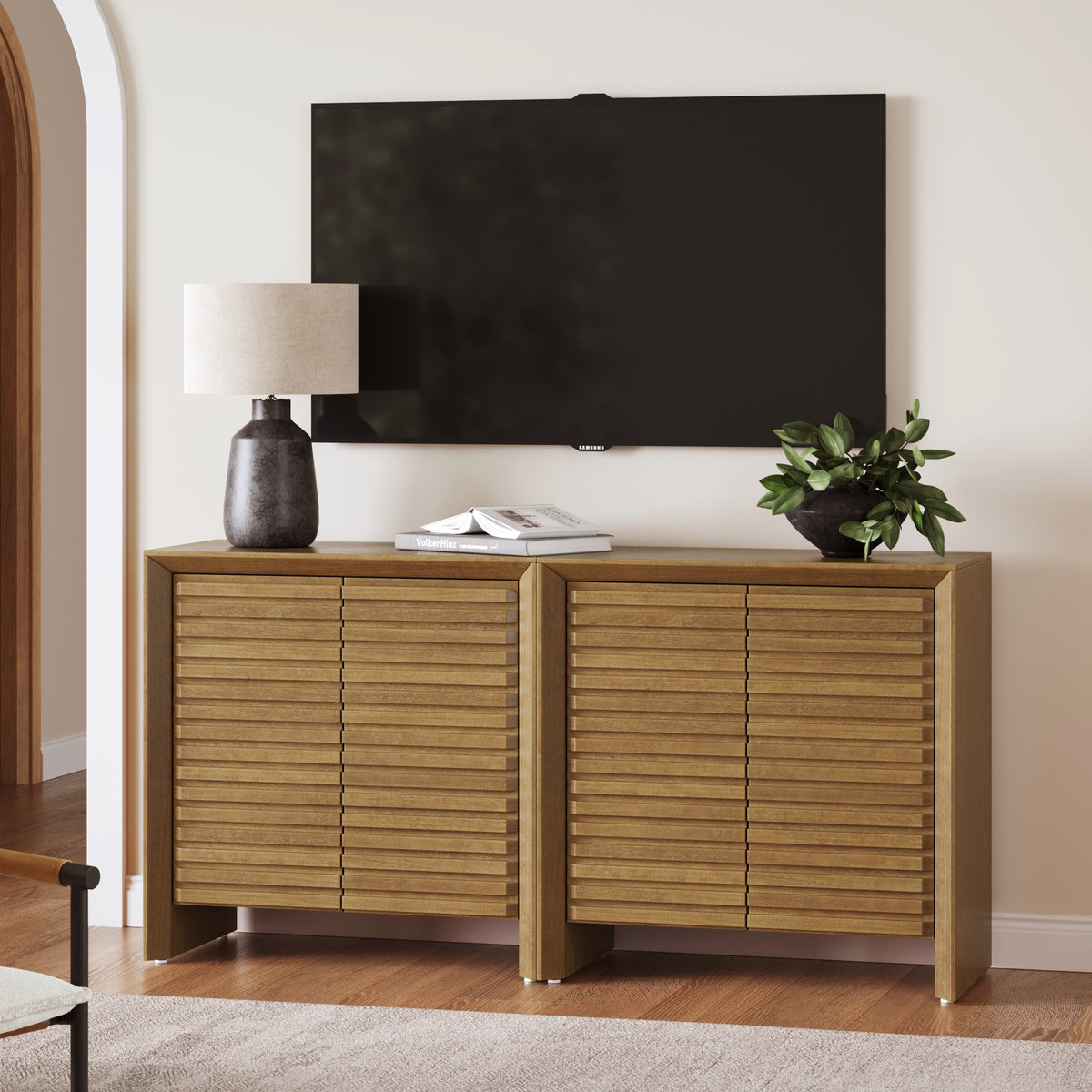 Modern Wood Storage Credenza with Slatted Doors Brown (Set of 2) - Nathan James