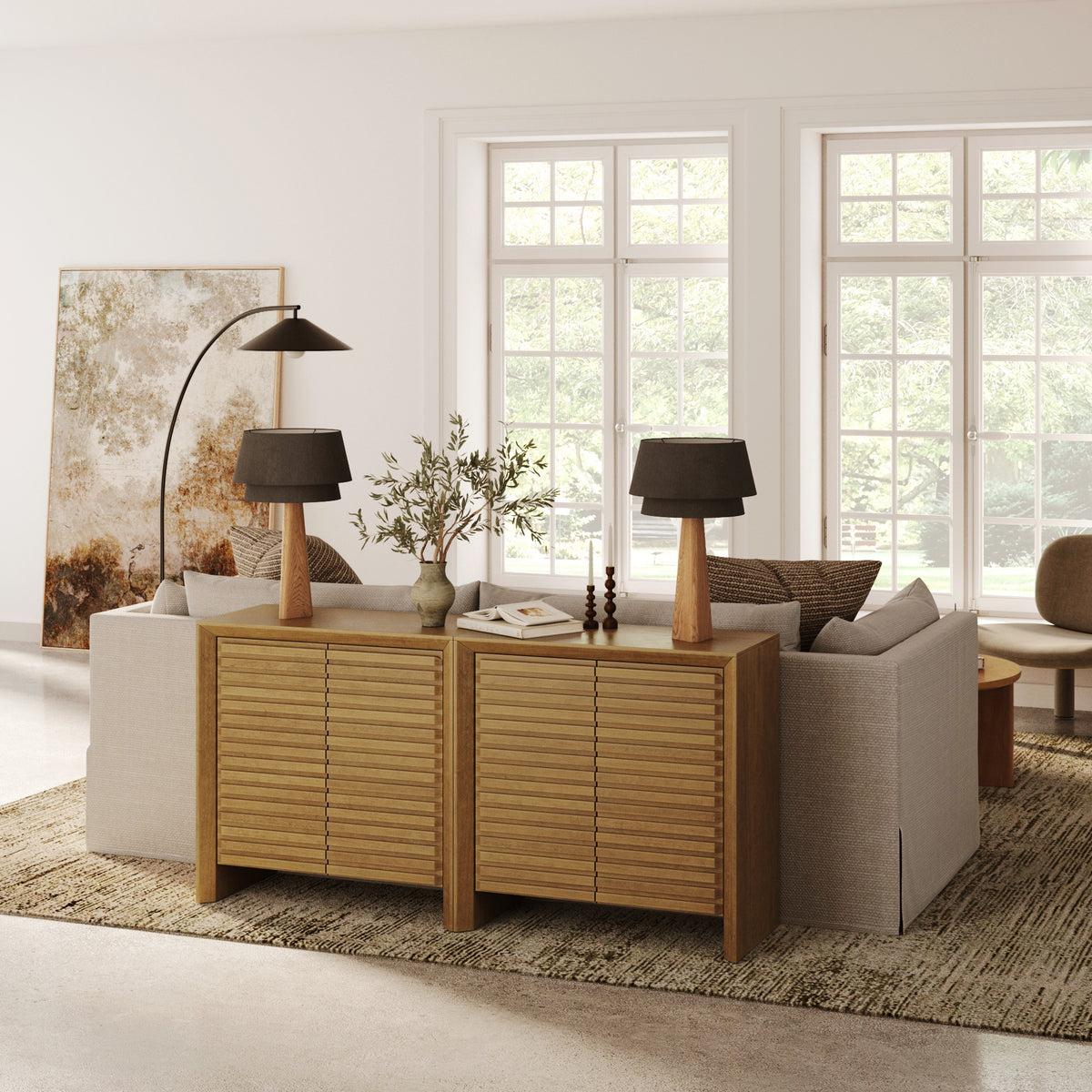 Modern Wood Storage Credenza with Slatted Doors Brown (Set of 2) - Nathan James