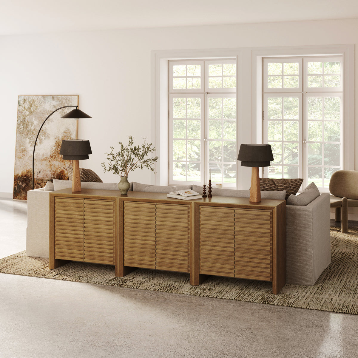 Modern Wood Storage Credenza with Slatted Doors Brown (Set of 3) - Nathan James