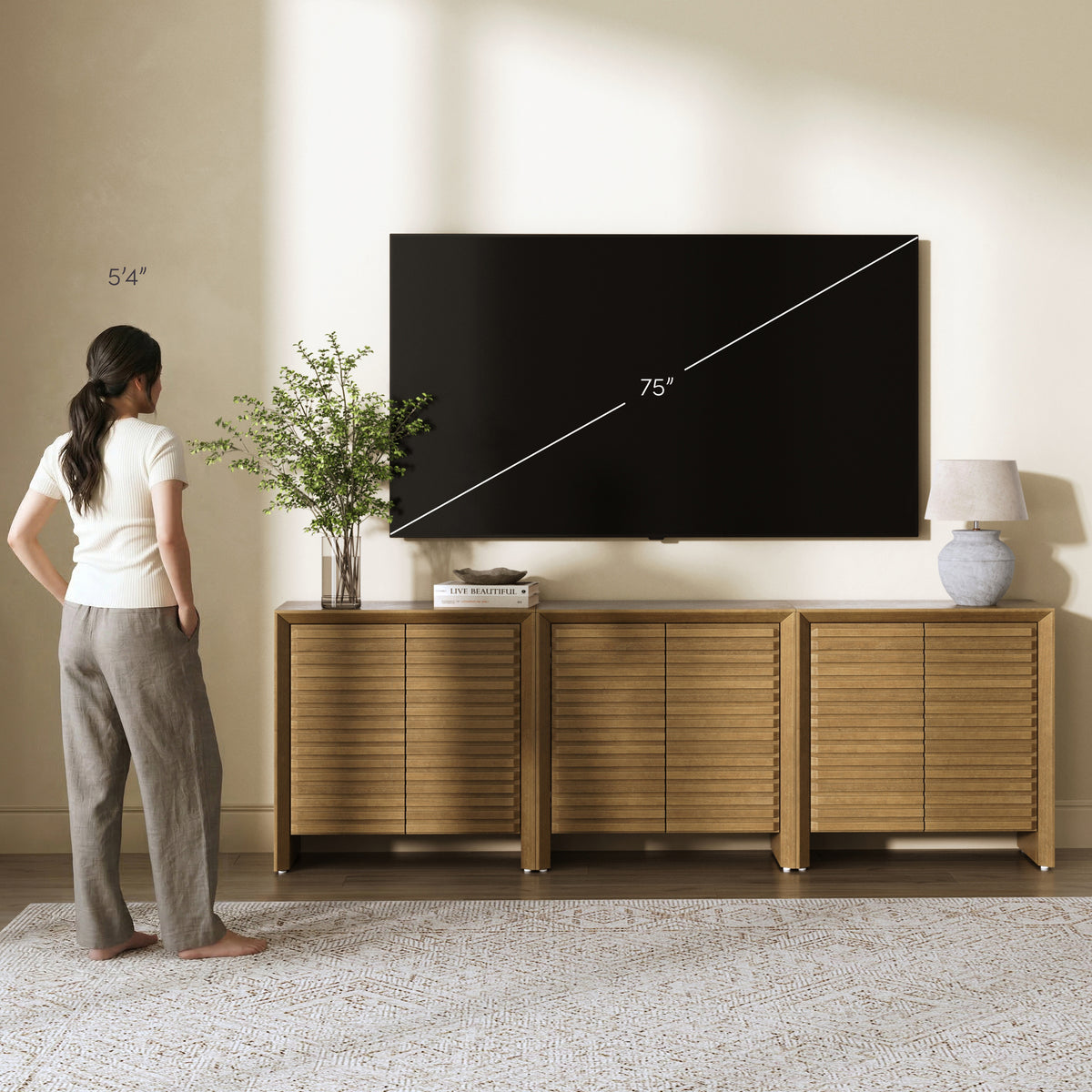 Modern Wood Storage Credenza with Slatted Doors Brown (Set of 3) - Nathan James