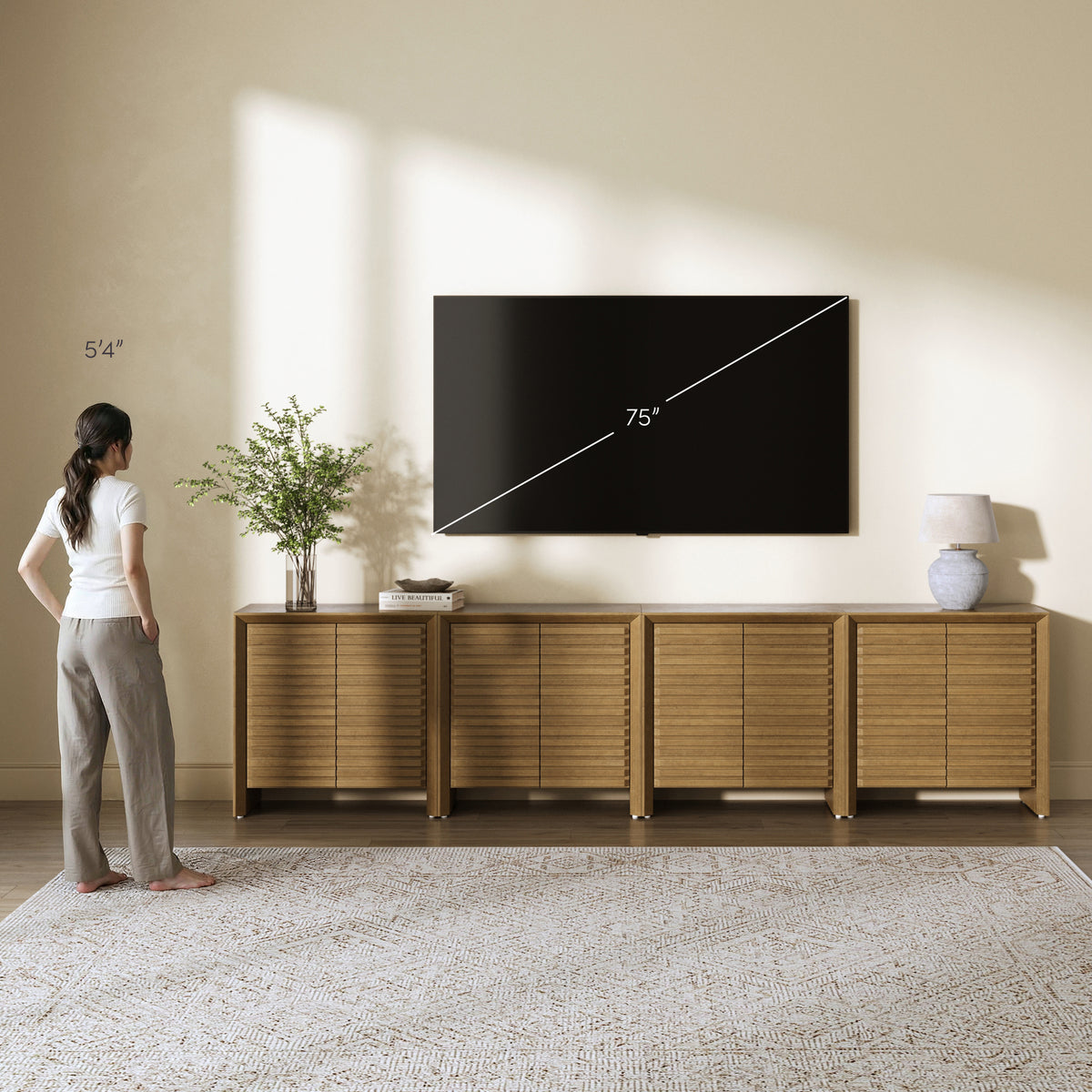 Modern Wood Storage Credenza with Slatted Doors Brown (Set of 4) - Nathan James