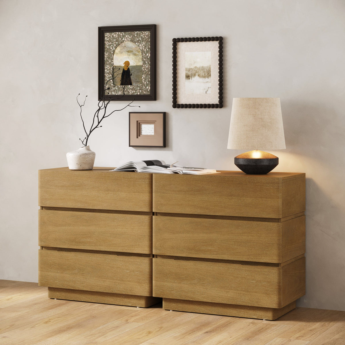 Wooden Modern 3-Drawer Dressers Light Brown (Set of 2)