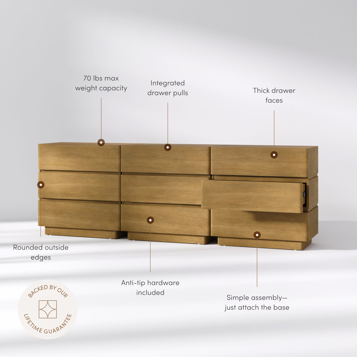 Wooden Modern 3-Drawer Dressers Light Brown (Set of 3)