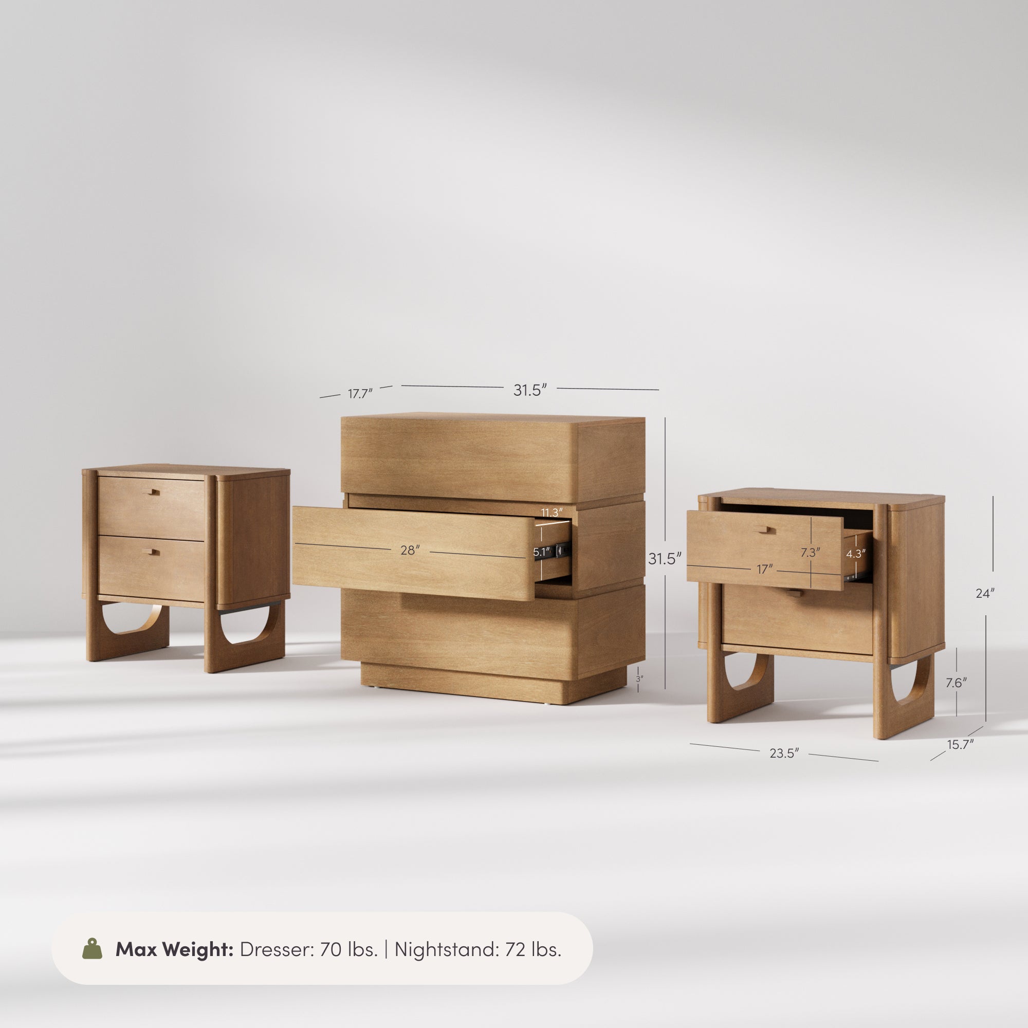 Mid Century Modern Rounded Dresser and Nightstand Set (3-Piece) - Nathan James