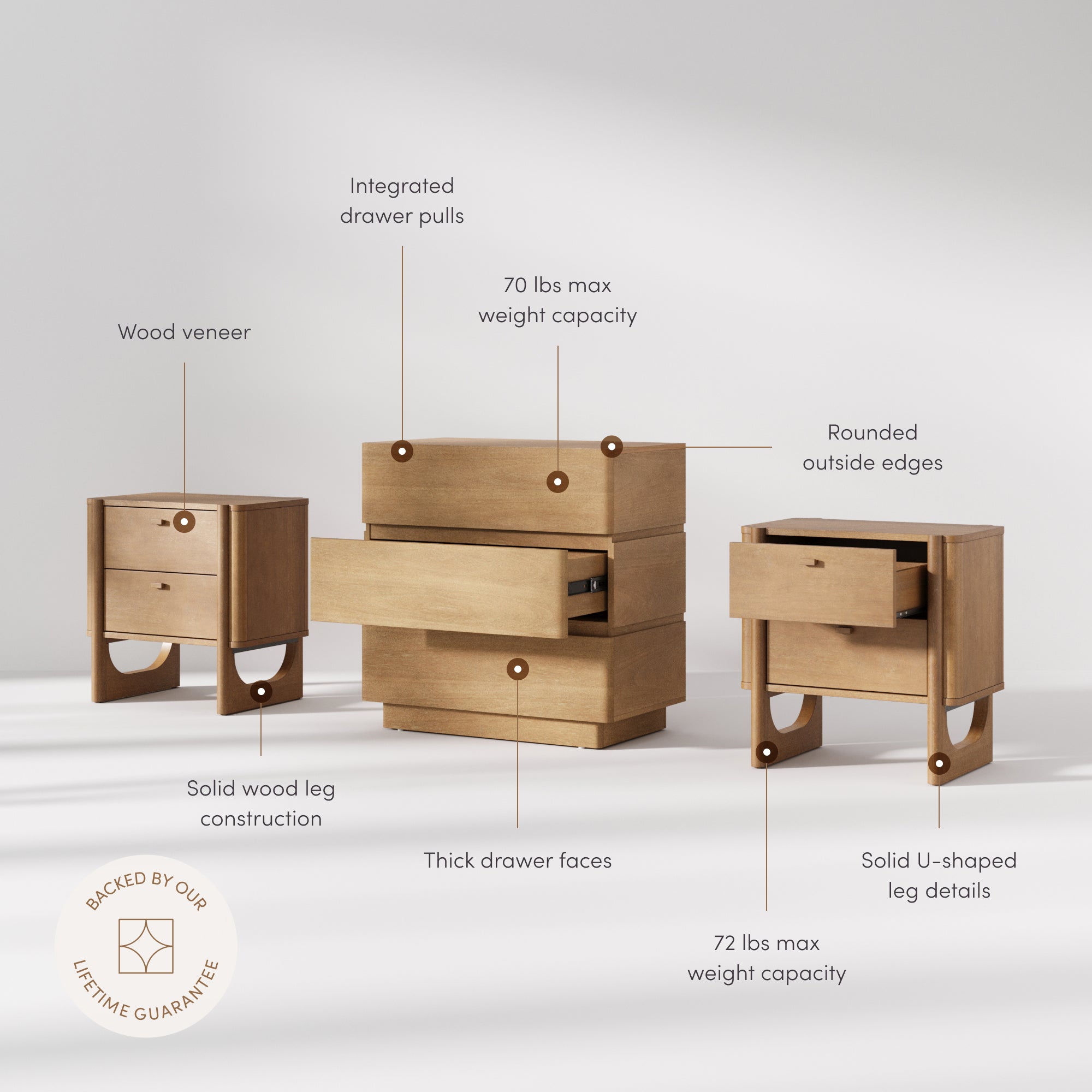 Mid Century Modern Rounded Dresser and Nightstand Set (3-Piece) - Nathan James