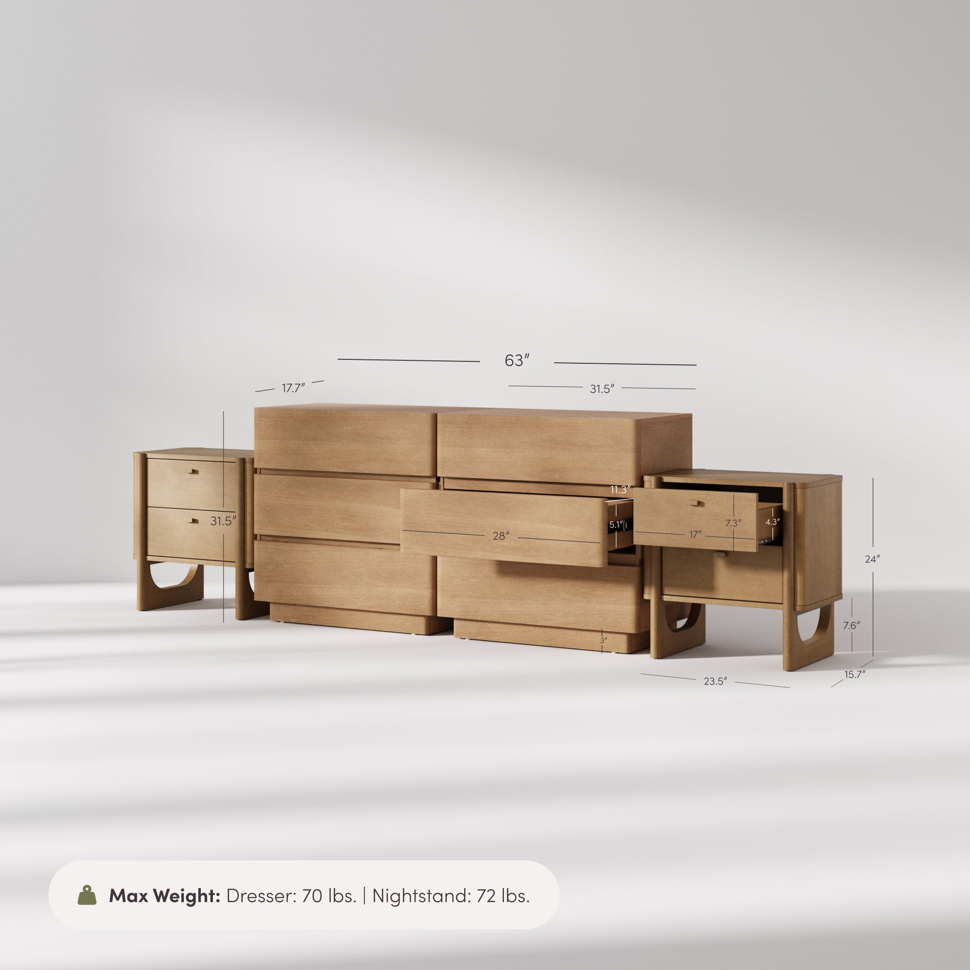 Mid Century Modern Rounded Dresser and Nightstand Set (4-Piece) - Nathan James