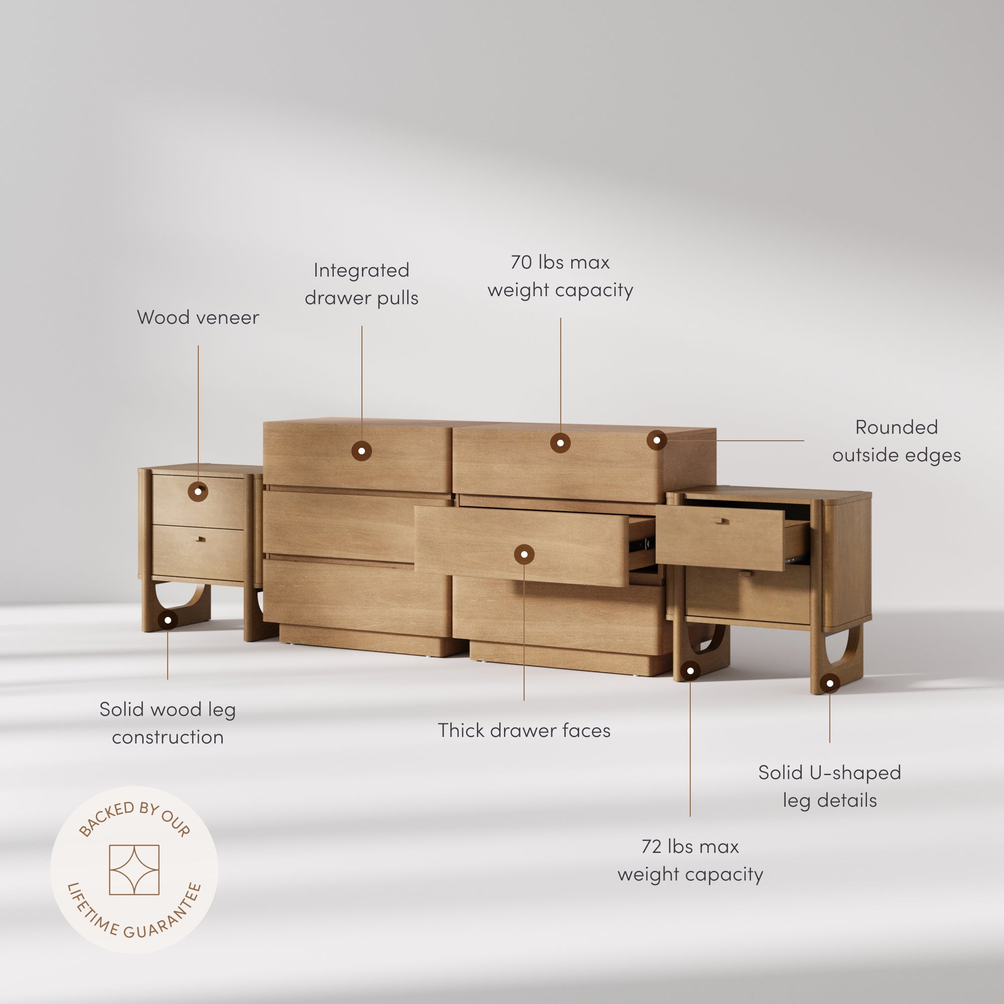 Mid Century Modern Rounded Dresser and Nightstand Set (4-Piece) - Nathan James