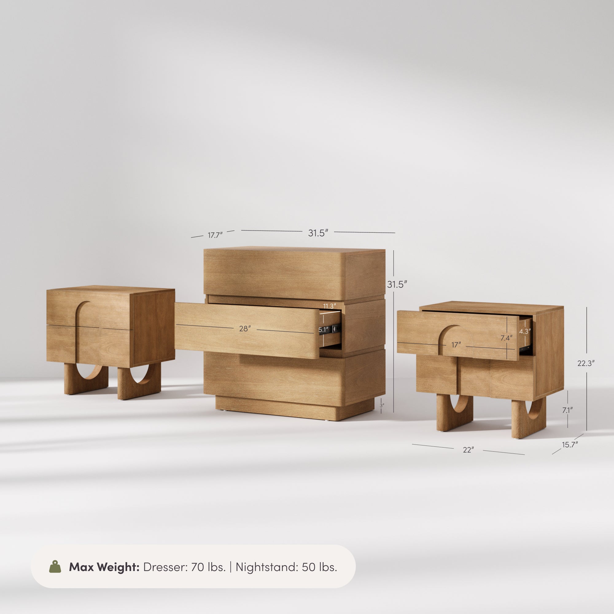 Modern Curved Wood Dresser and Nightstand Set (3-Piece) - Nathan James