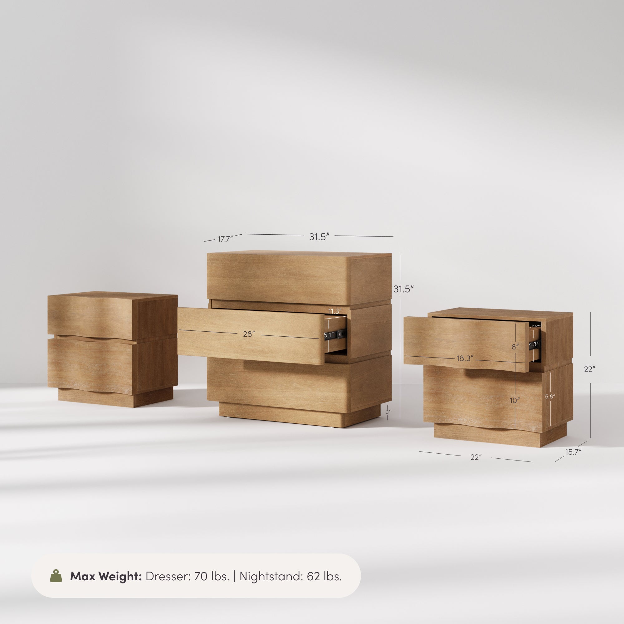 Modern Wooden Dresser and Scalloped Nightstand Set (3-Piece) - Nathan James