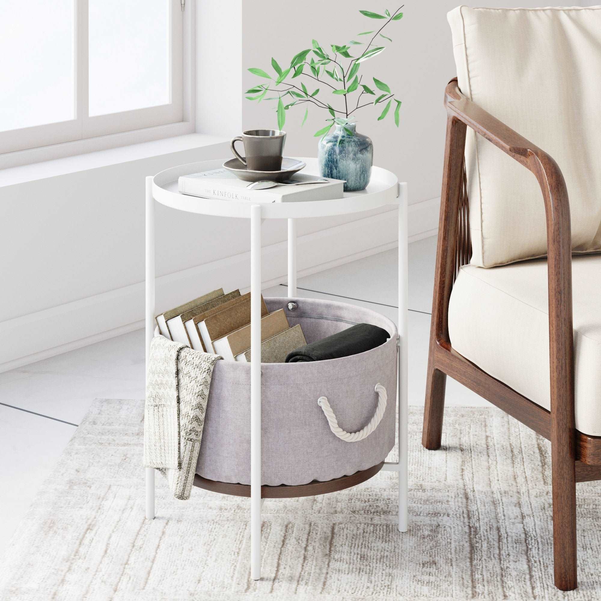 Metal Round Storage Bin Side Table | Oraa Reclaimed Oak-Warm Gray-Matte White