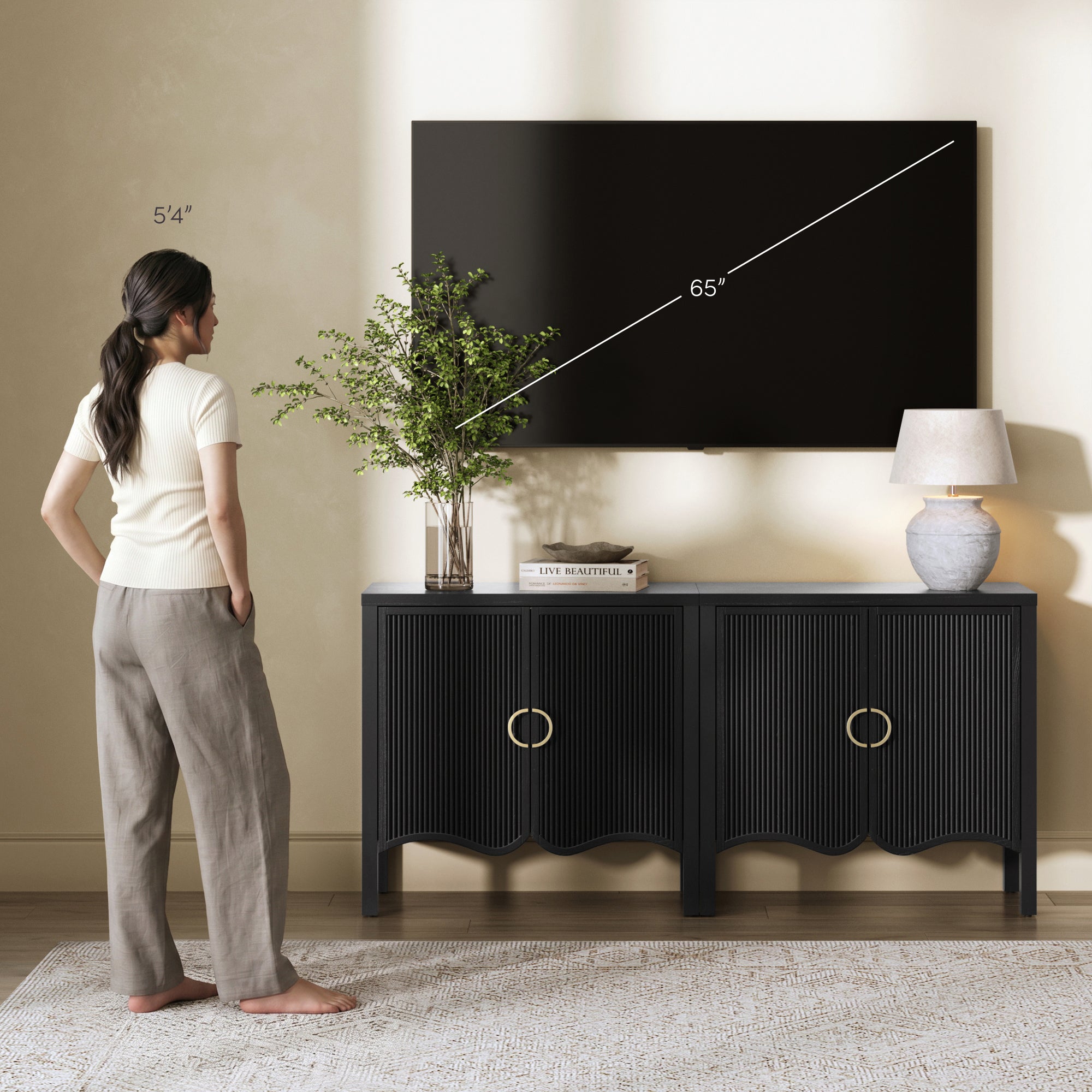 Wood Transitional Fluted TV Console Black Oak for TVs up to 65" - Nathan James