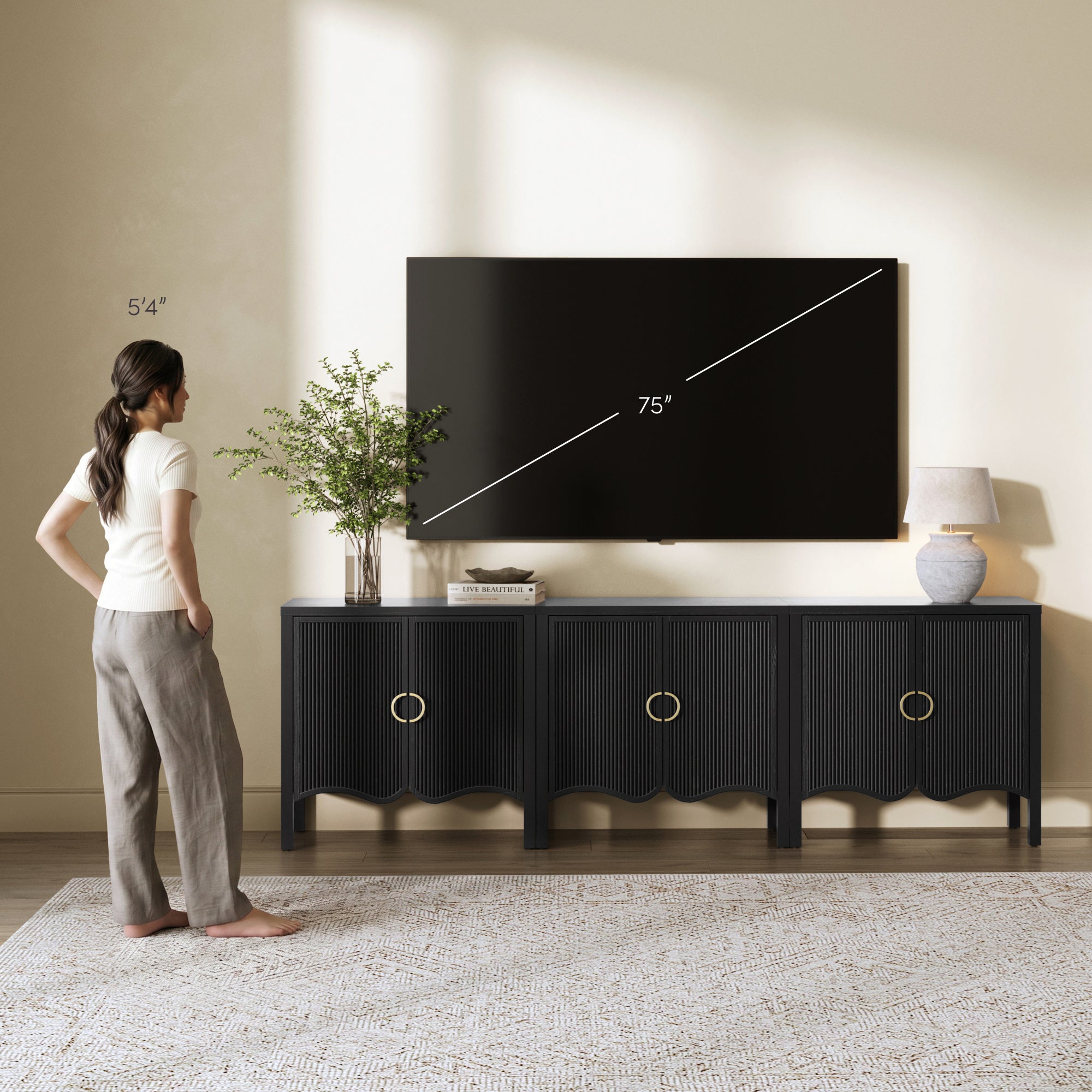 Wood Transitional Fluted TV Console Black Oak for TVs up to 75" - Nathan James