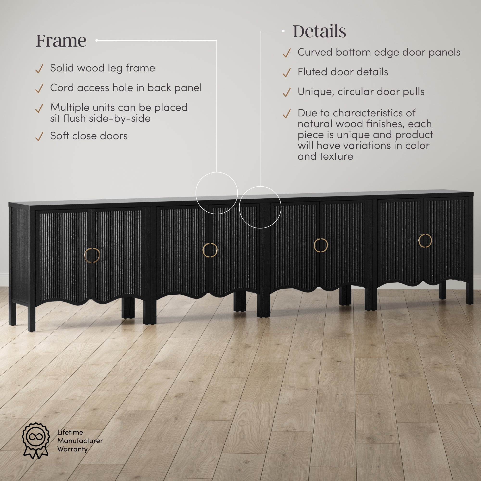 Wood Fluted Large Credenza Cabinet Black Oak (Set of 4) - Thumbnail 5