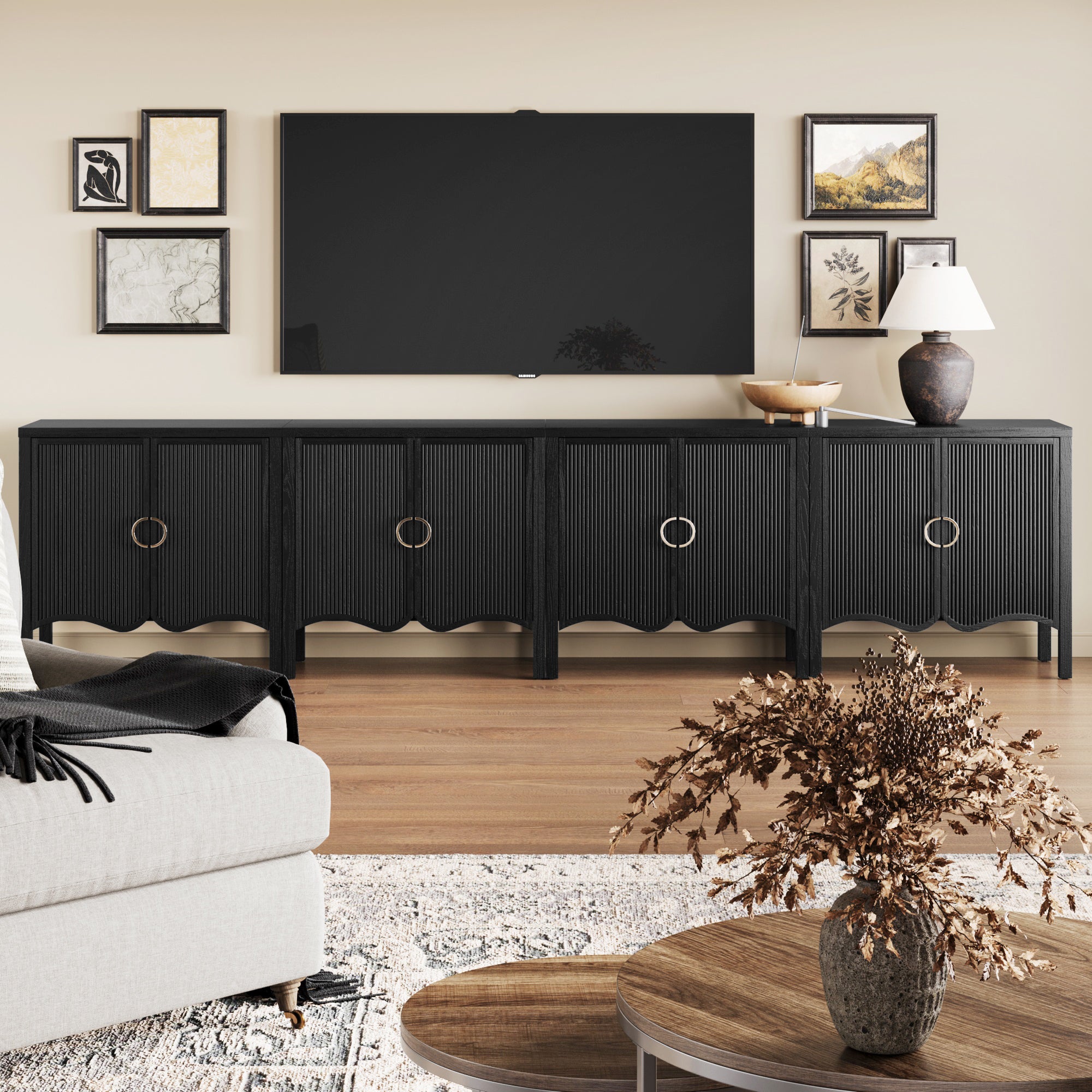 Wood Fluted Large Credenza Cabinet Black Oak (Set of 4) - Thumbnail 2