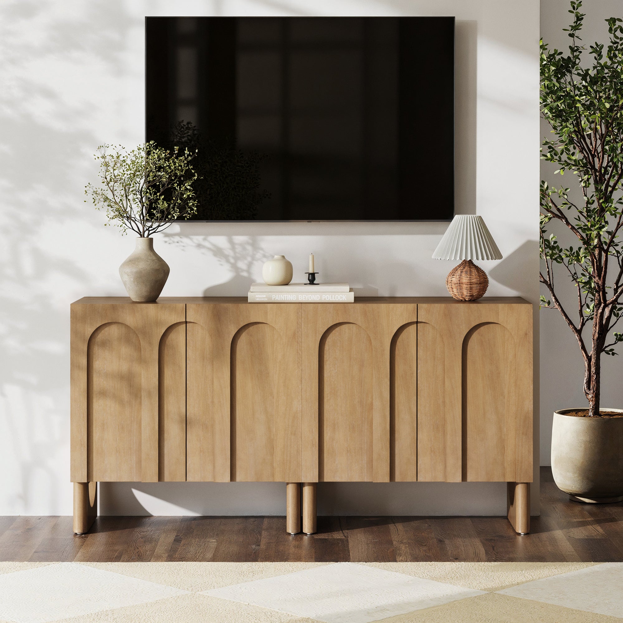 Wood Modular TV Console with Arched Doors for TVs 55 - 65" Light Brown - Nathan James
